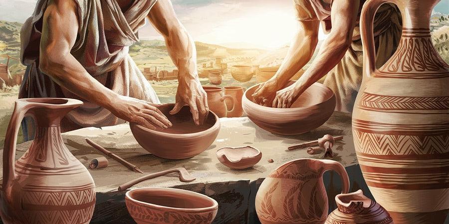 Artigiani al lavoro con ceramiche di Caltagirone fatti a mano, vasellame decorato tradizionale