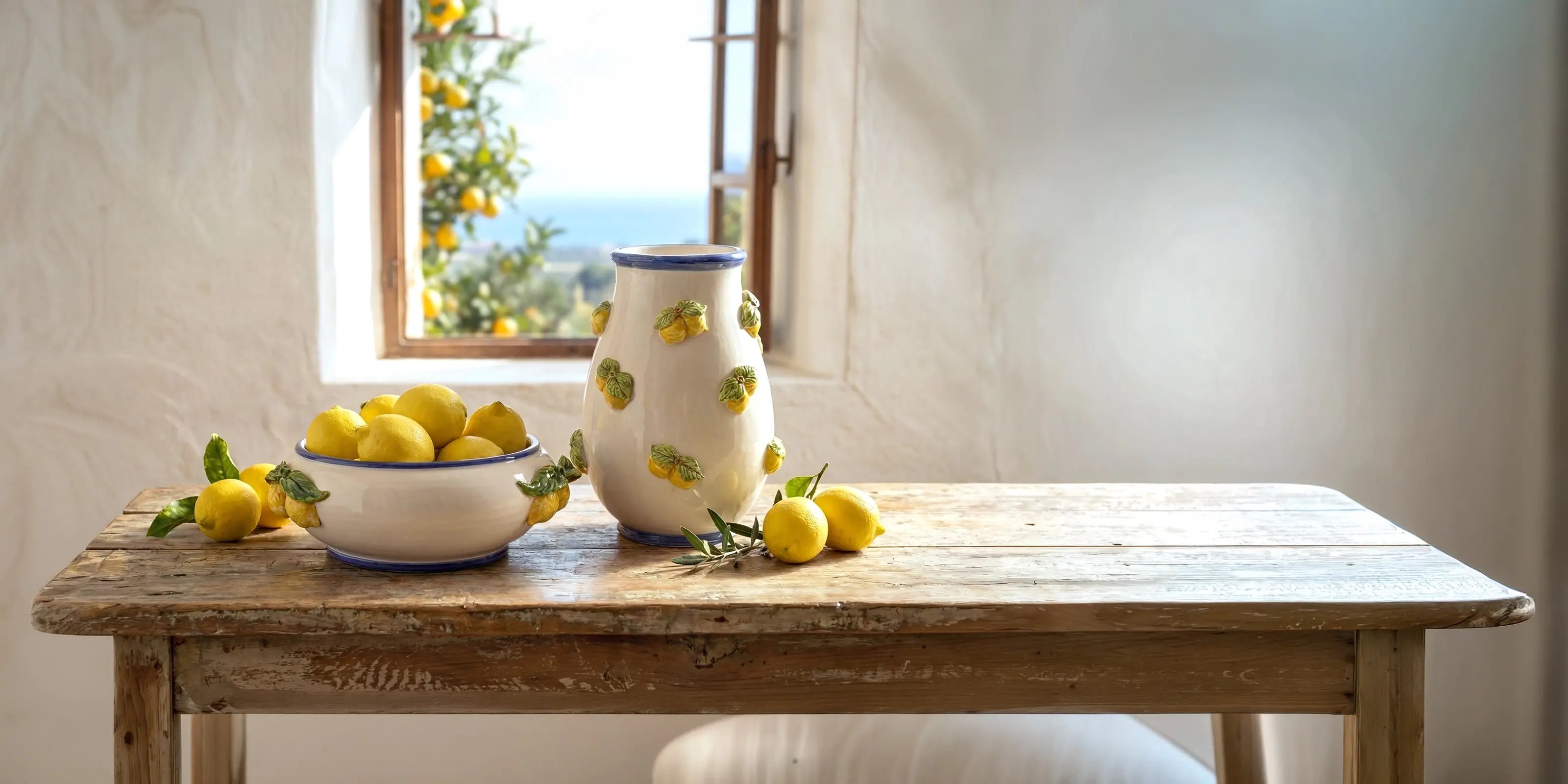Ceramiche di Caltagirone Sofia bianche e limone su tavolo rustico, ceramiche caltagirone fatti a mano