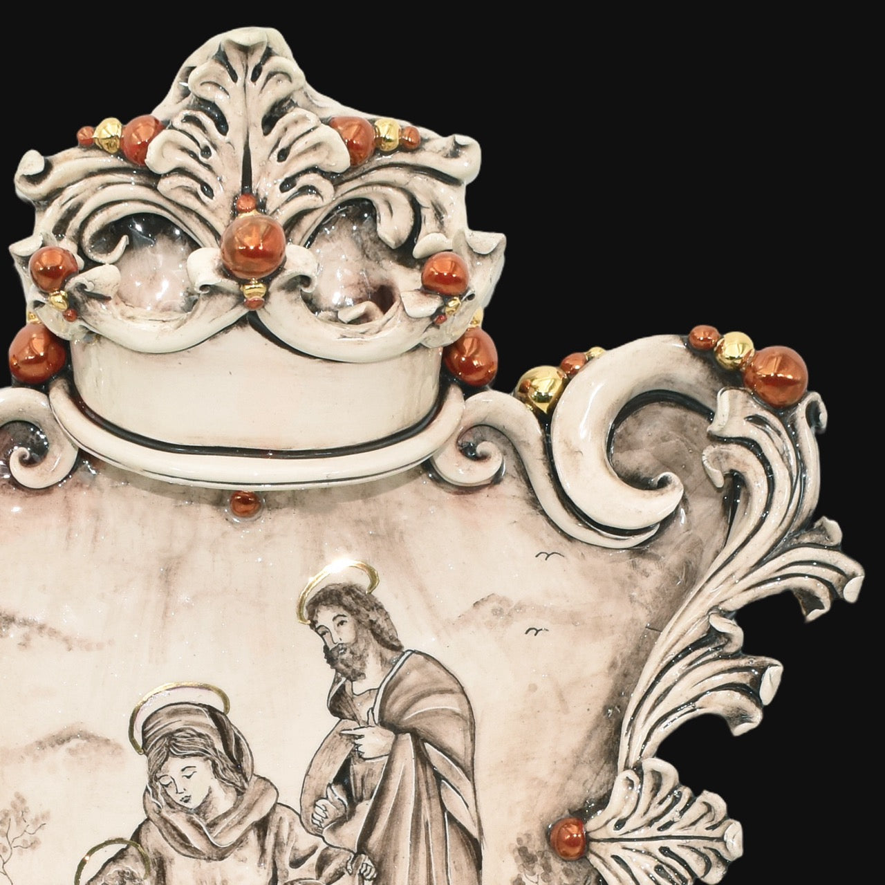 Acquasantiera maxi appl rettangolare 35×45 natività c/angeli madreperla antichizzato oro e lustri