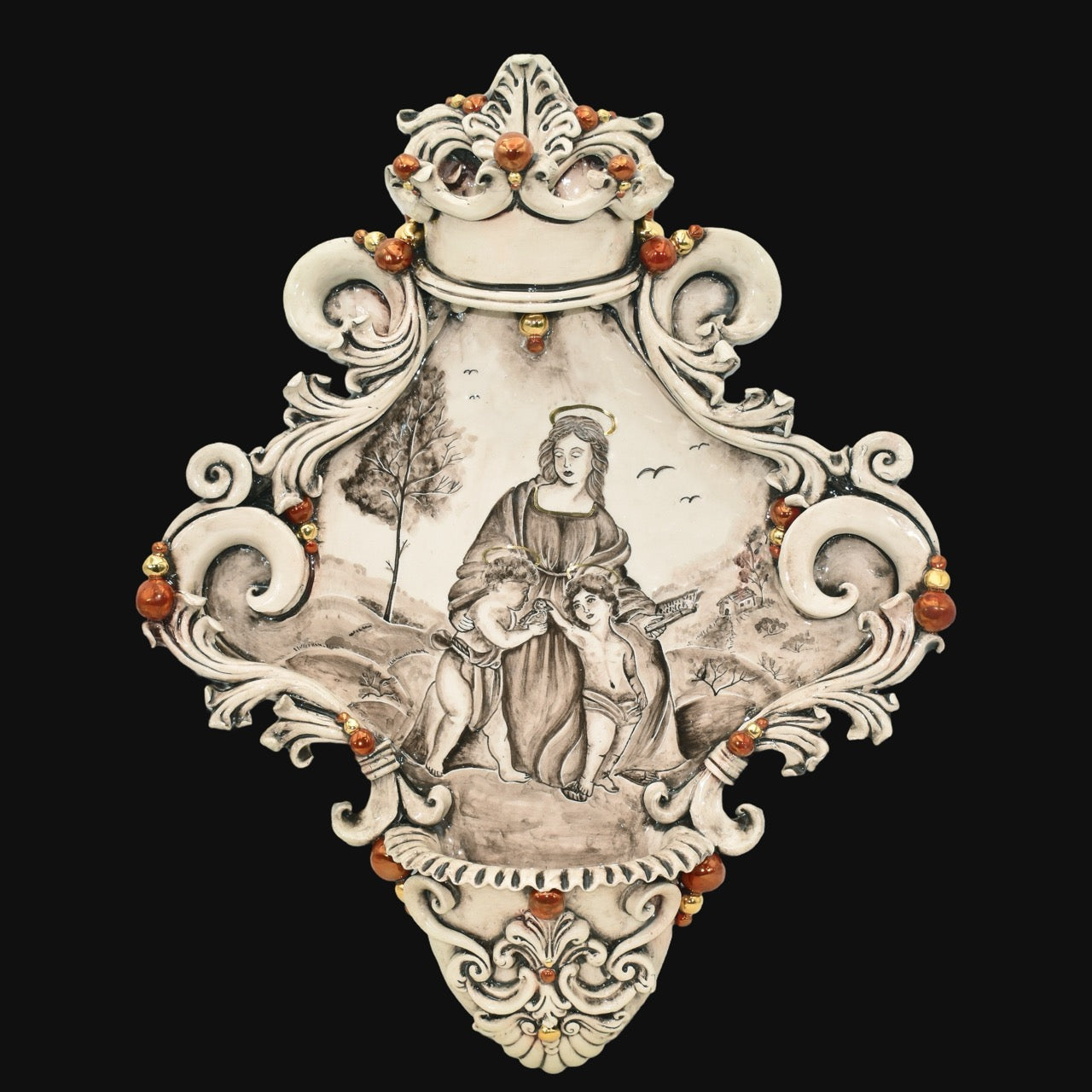 Acquasantiera maxi appl triangolare 35×45 madonna valderice madreperla antichizzato oro e lustri