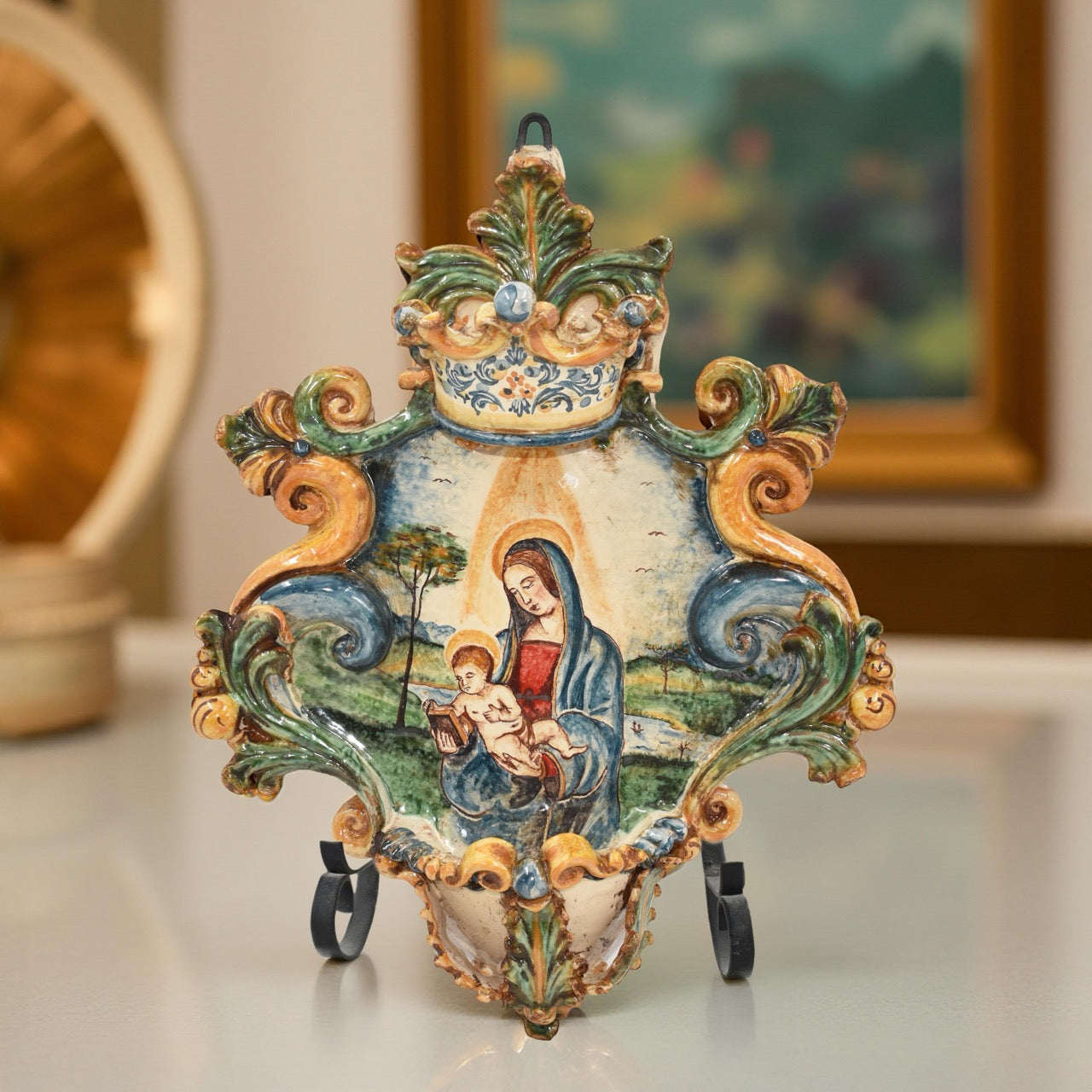 Acquasantiera grande appl 25x35 di raffaello/madonna con libro tricolore