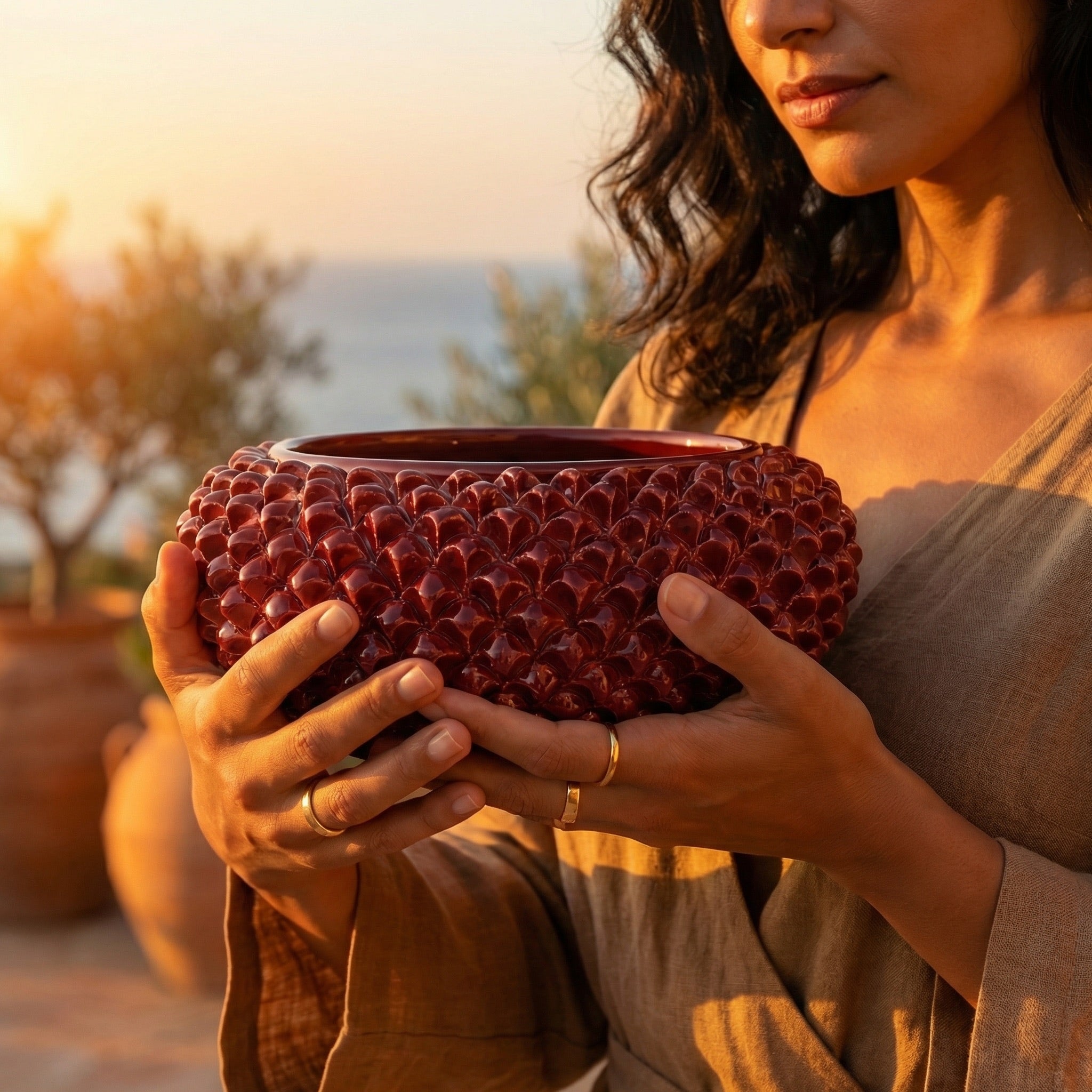 Centrotavola a Pigna di Caltagirone modellata a mano linea bordeaux