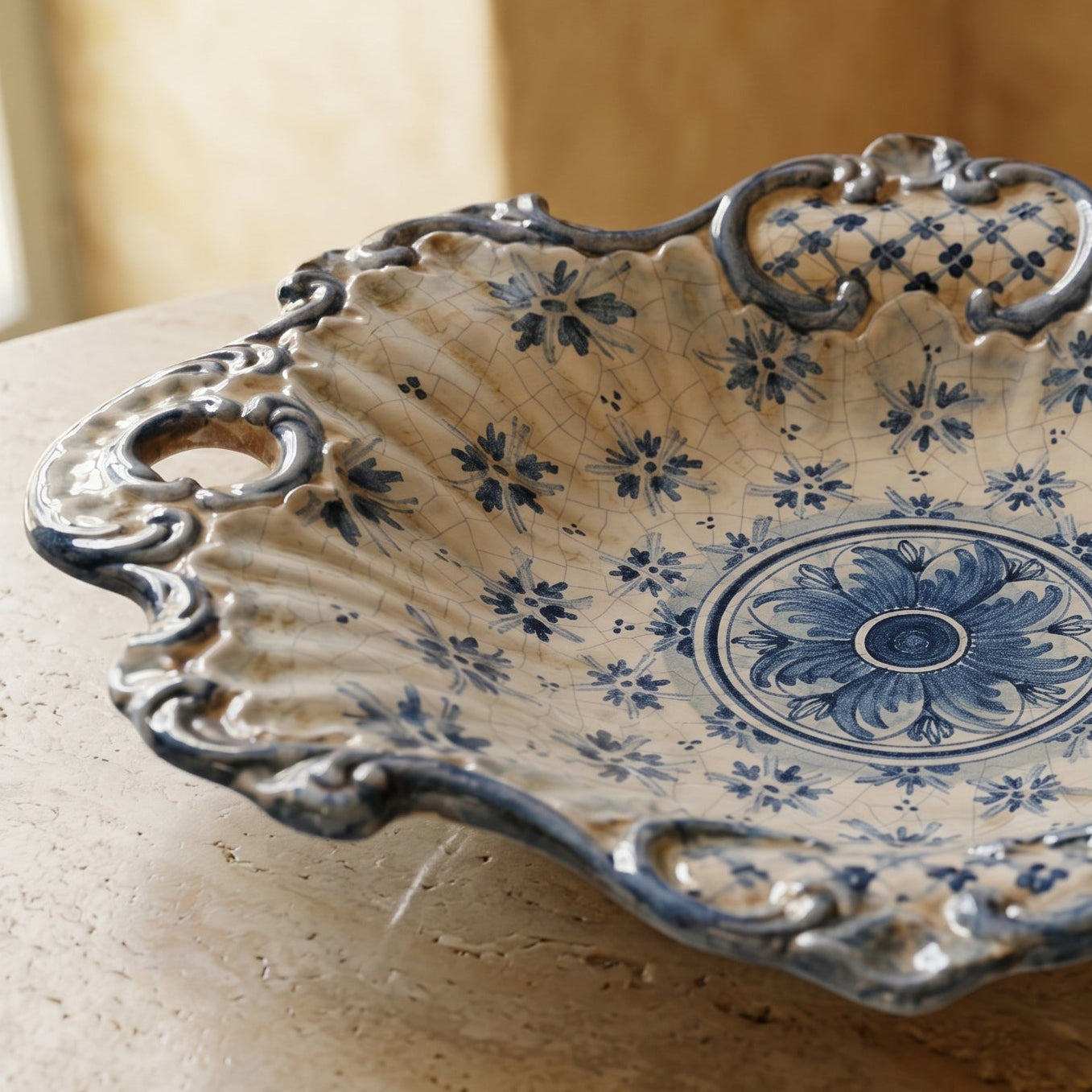 Sizilianischer Tafelaufsatz Keramik 38×33 cm, Linea Stars, Mono Blau – Italienische Keramik aus Caltagirone, Sizilien