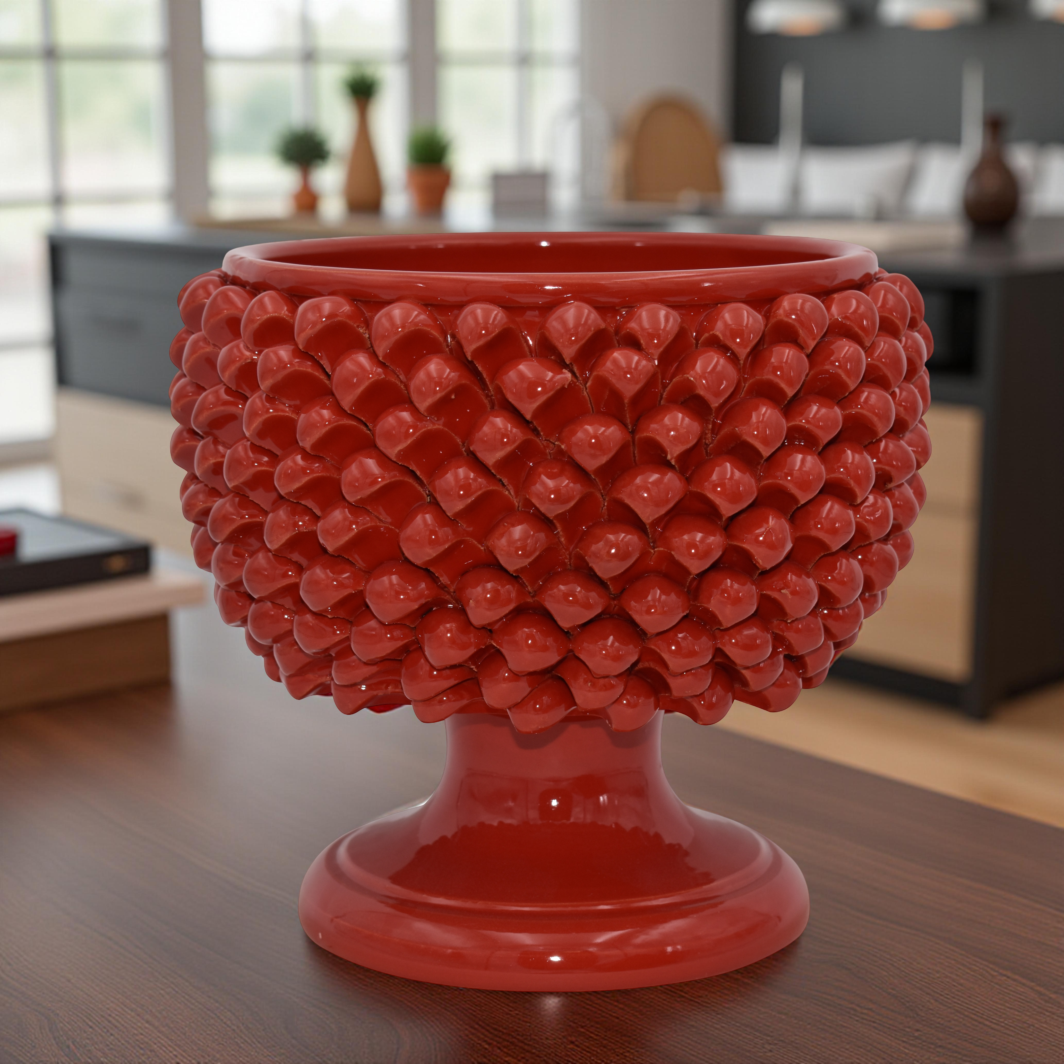 Vaso mezza pigna rosso fuoco in ceramica di Caltagirone