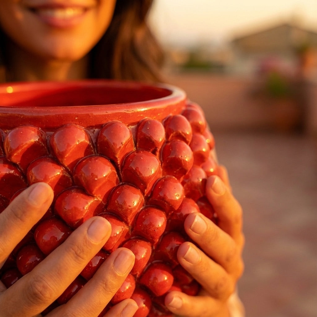 Vaso mezza pigna s/piede rosso fuoco in ceramica di Caltagirone
