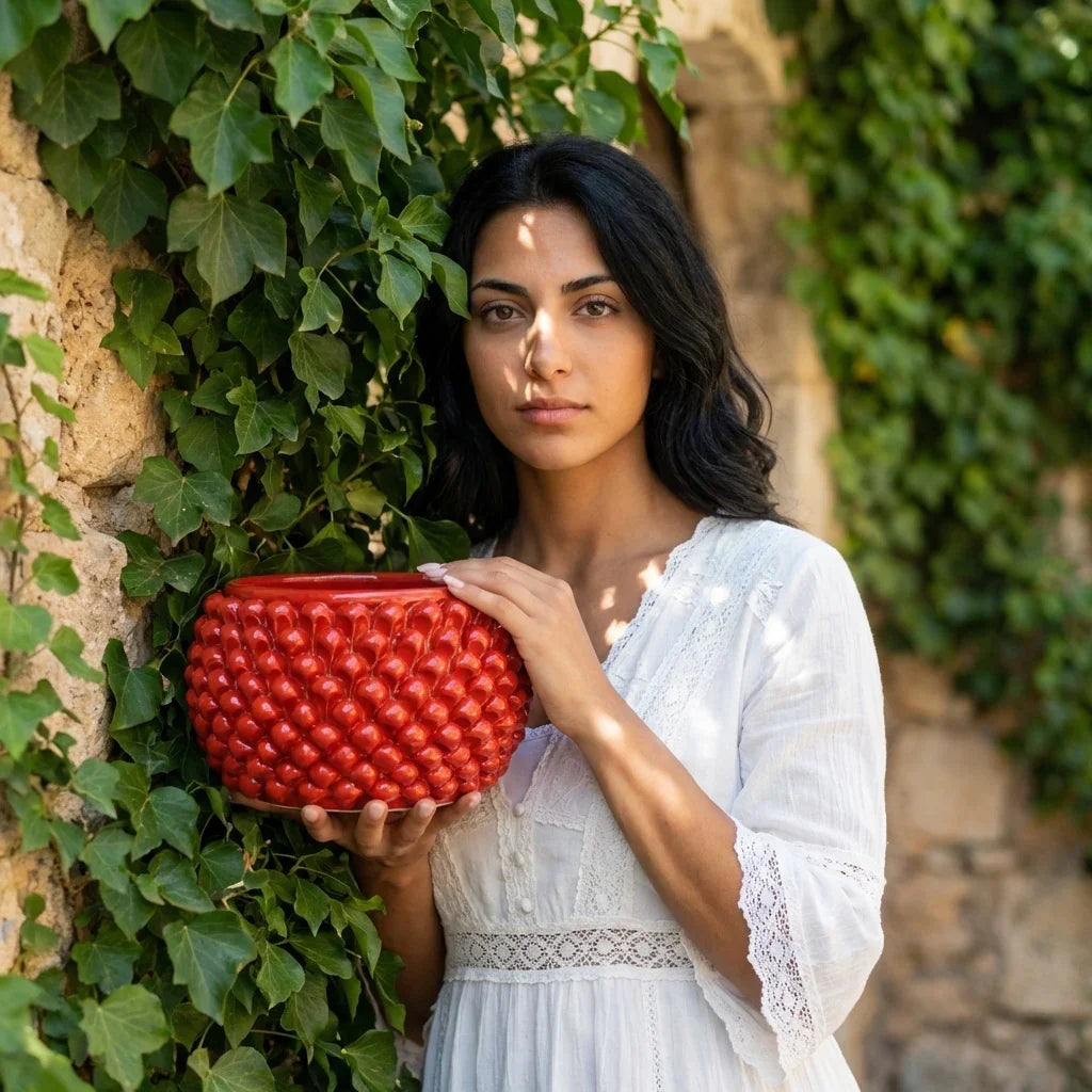 Vaso Mezza Pigna Senza Piede in Ceramica di Caltagirone — Rosso Fuoco