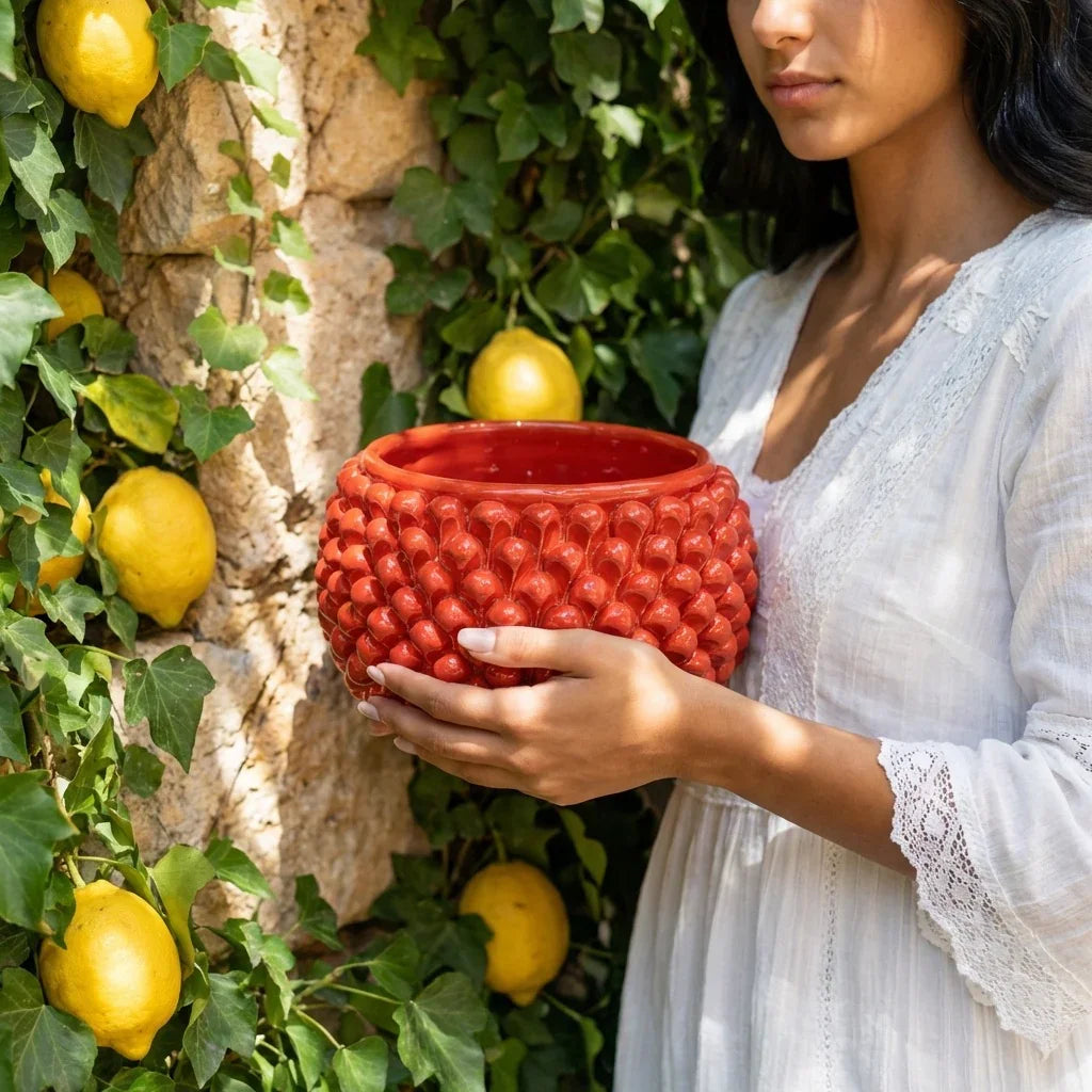 Vaso Mezza Pigna Senza Piede in Ceramica di Caltagirone — Rosso Fuoco
