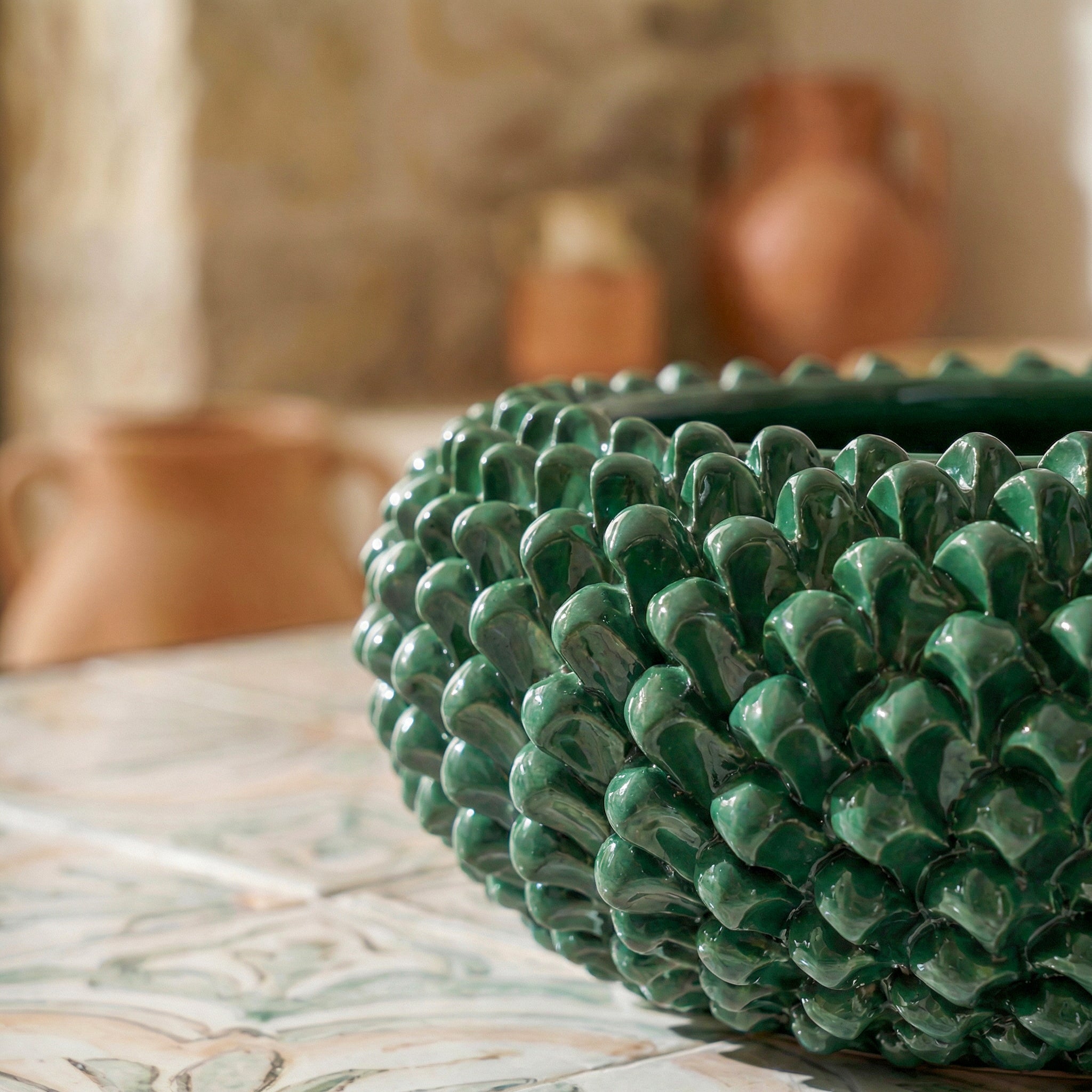 Centrotavola a Pigna diam. 25/33 cm Verde Antico in ceramica di Caltagirone