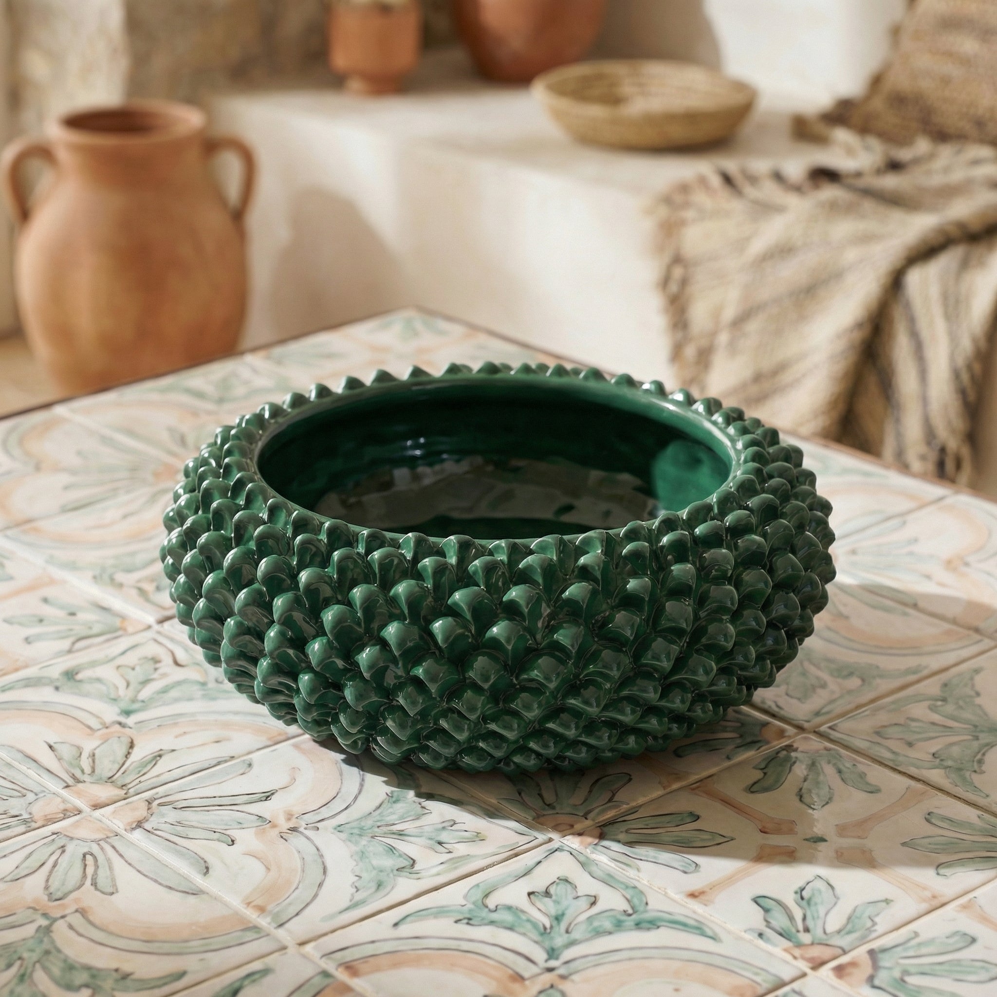 Centrotavola a Pigna diam. 25/33 cm Verde Antico in ceramica di Caltagirone