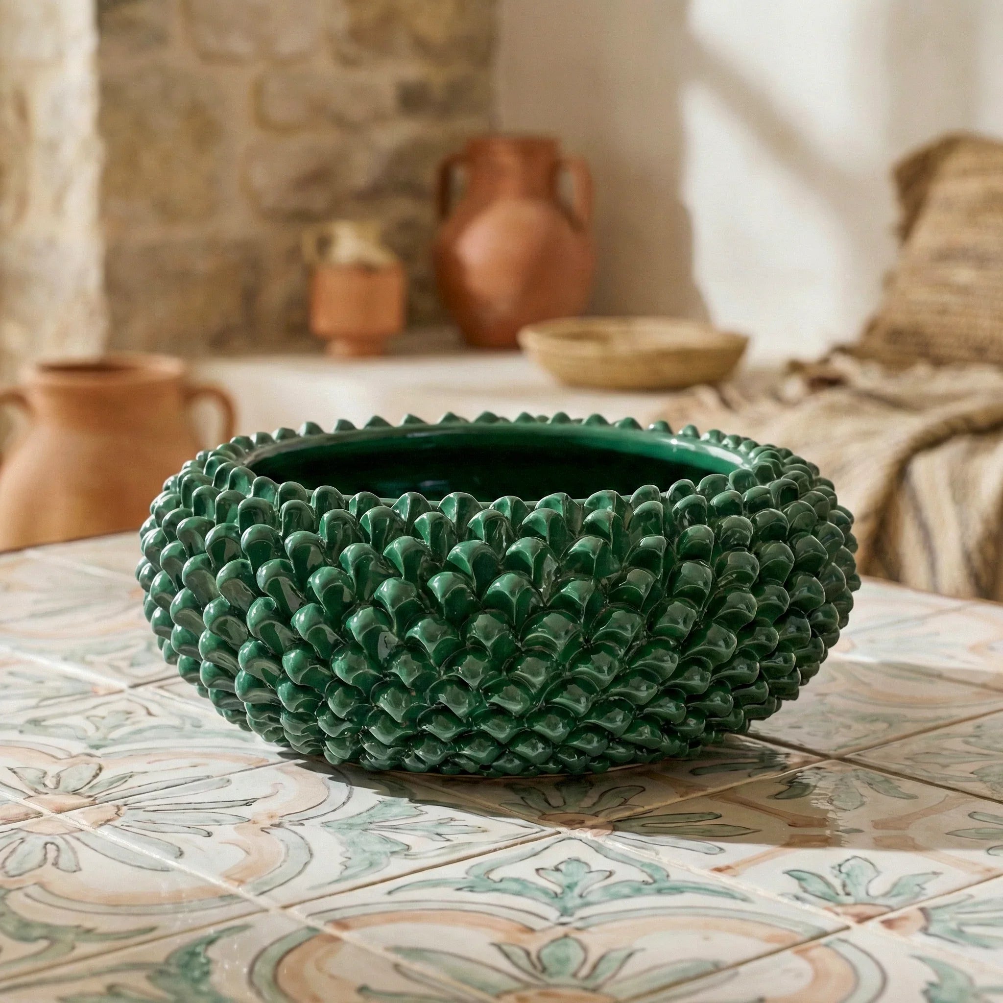 Centrotavola a Pigna diam. 25/33 cm Verde Antico in ceramica di Caltagirone