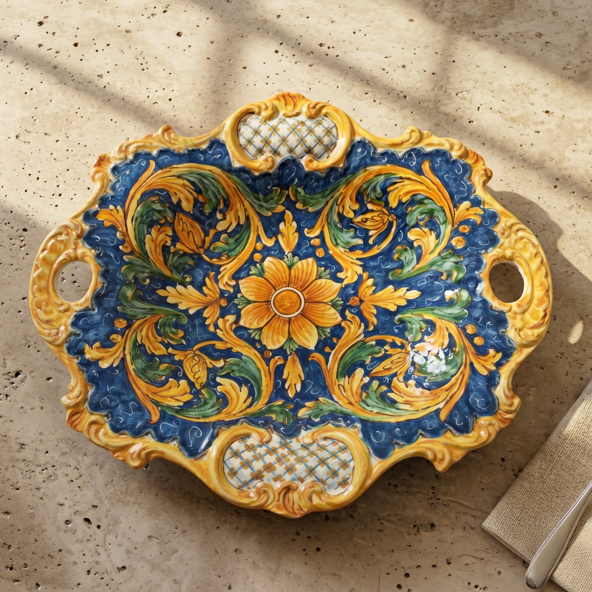 Centrotavola Barocco in Ceramica di Caltagirone 38×33 cm — Ornato Calatino