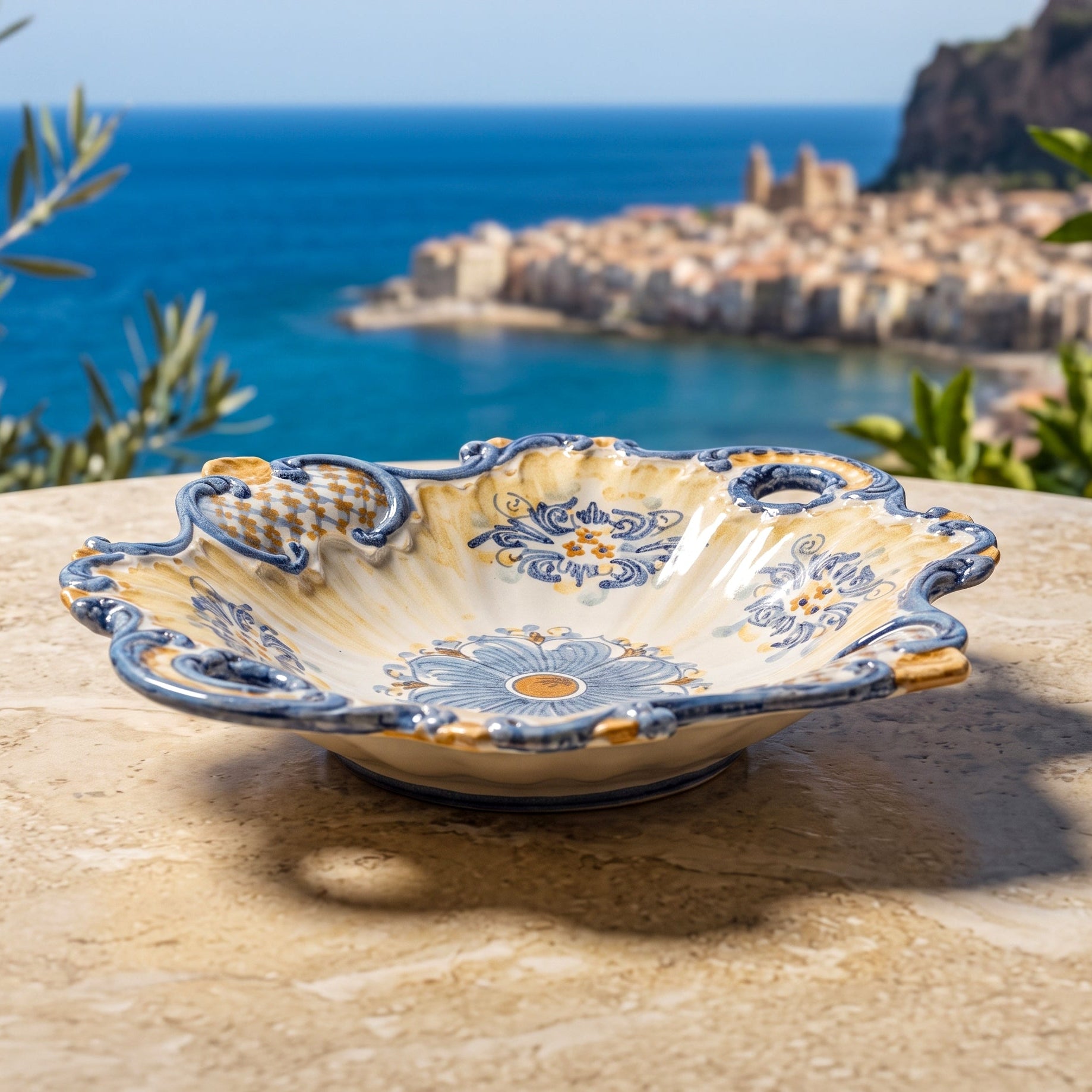 Centrotavola Barocco in Ceramica di Caltagirone 38×33 cm — Blu e Arancio, Serie d'Arte