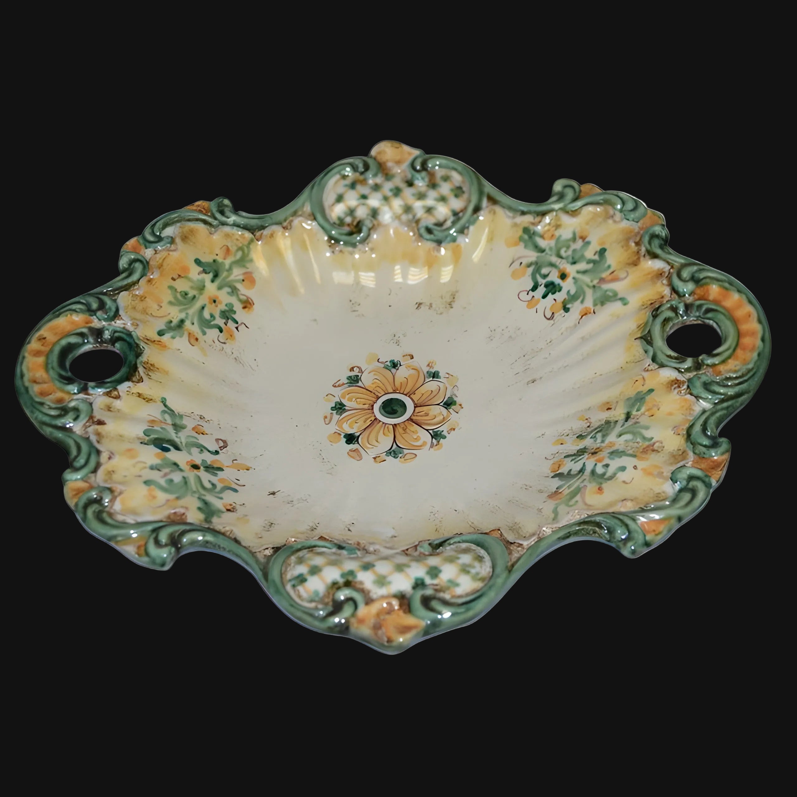Centrotavola Barocco in Ceramica di Caltagirone 38×33 cm — Verde e Arancio, Serie d'Arte