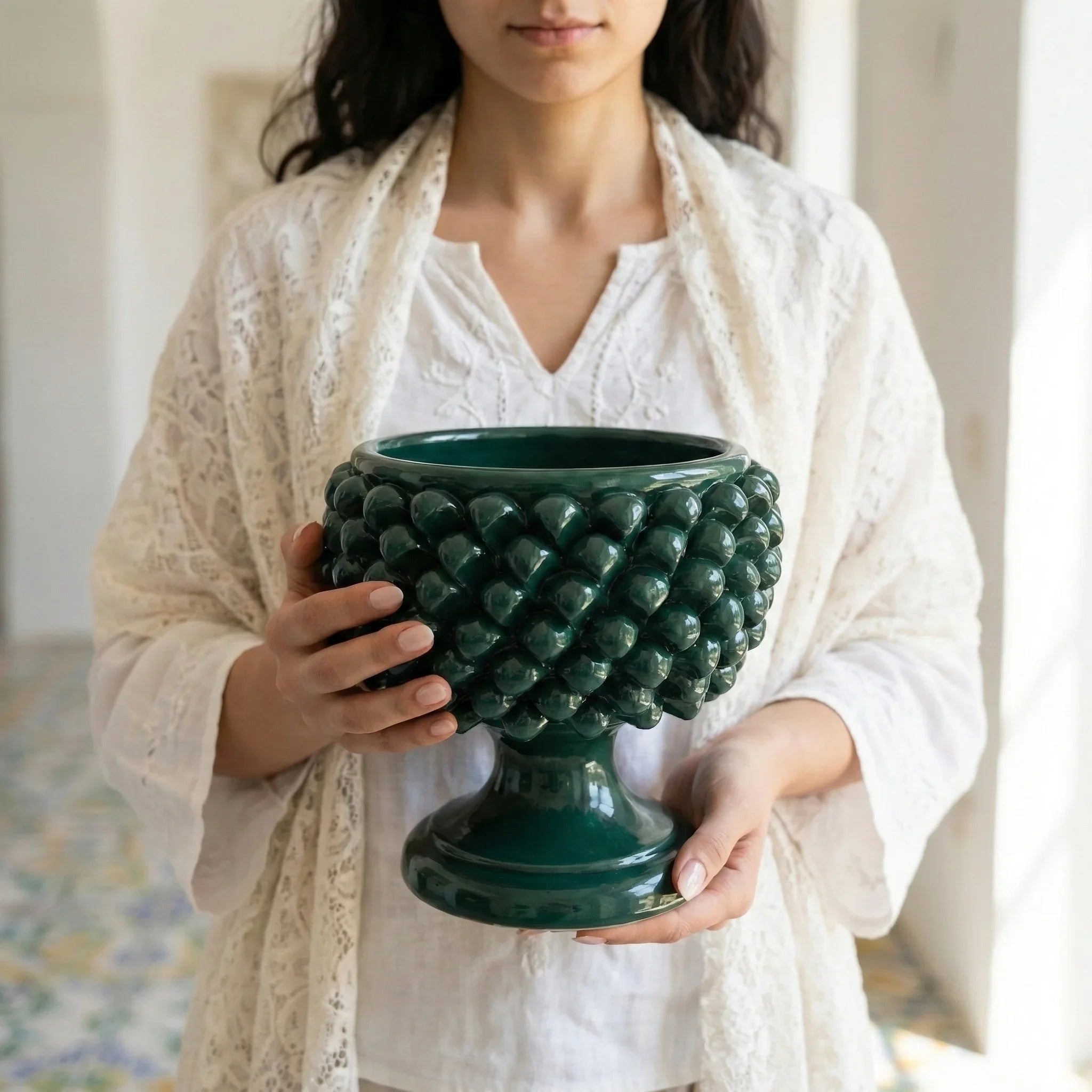 Vaso mezza pigna verde antico in ceramica di Caltagirone