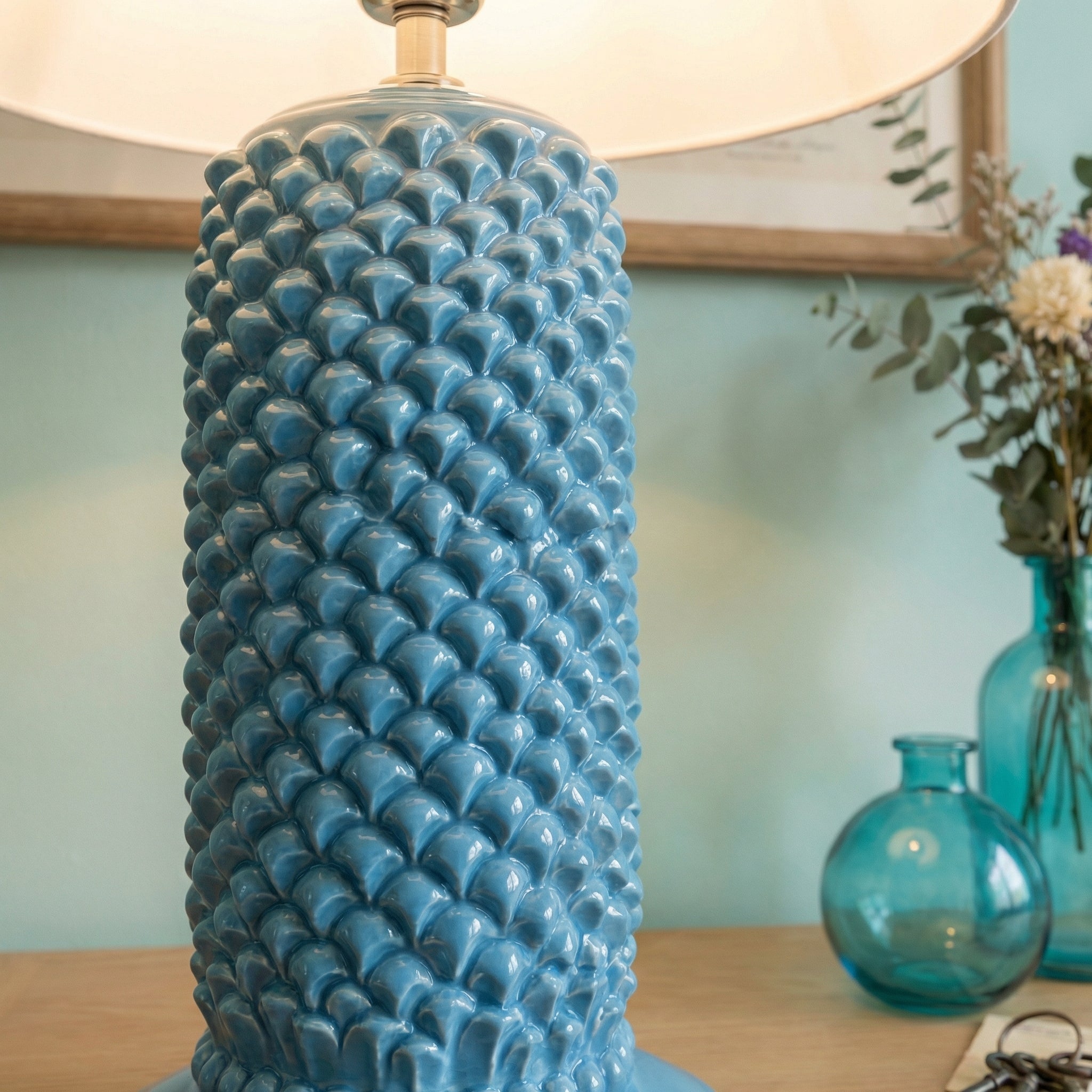 Lume pigna cilindro h 60 Turchese in ceramica di Caltagirone