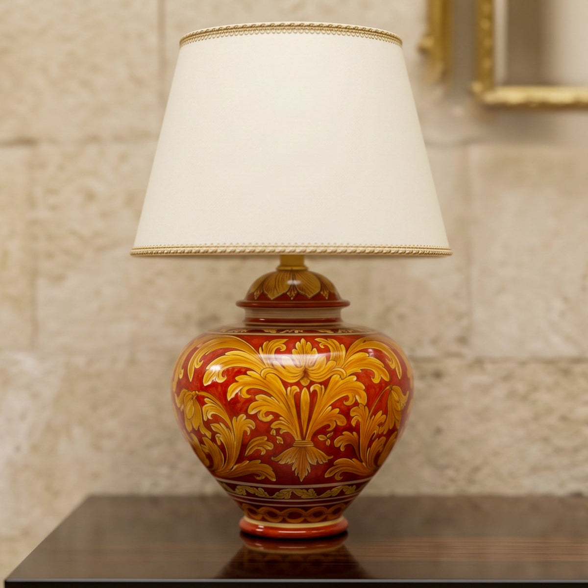 Lume Palla in Ceramica di Caltagirone h 66 cm - Ornato Fondo Rosso