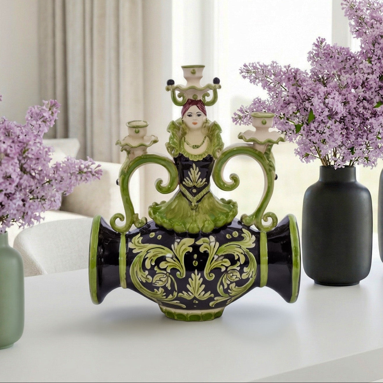 Lumiera Scaldone 3 Fuochi h 32 cm Linea Parigi - Ceramica di Caltagirone Nero e Verde