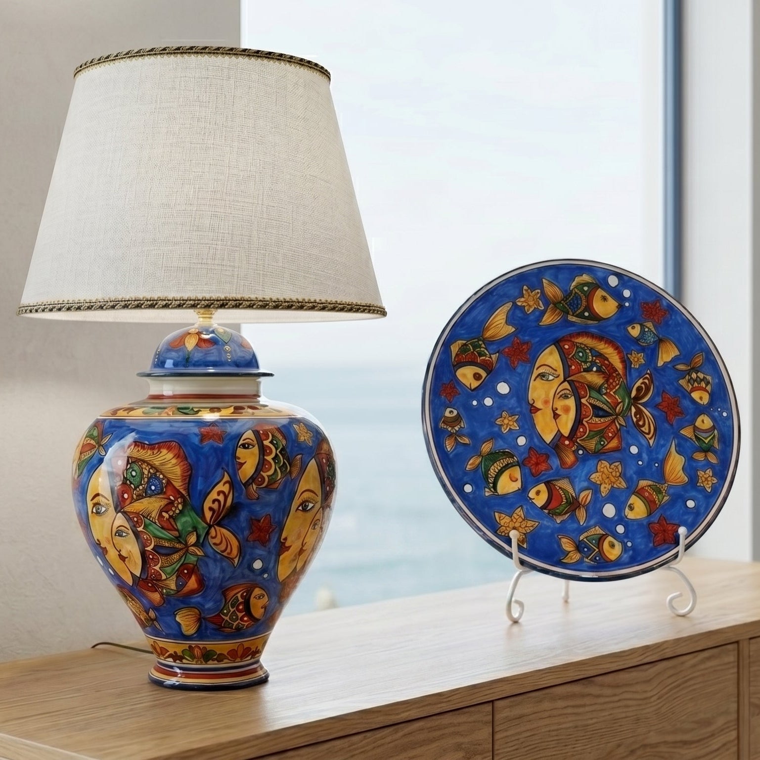 Piatto Ornamentale in Ceramica di Caltagirone — Decoro Pesci, Fondo Blu