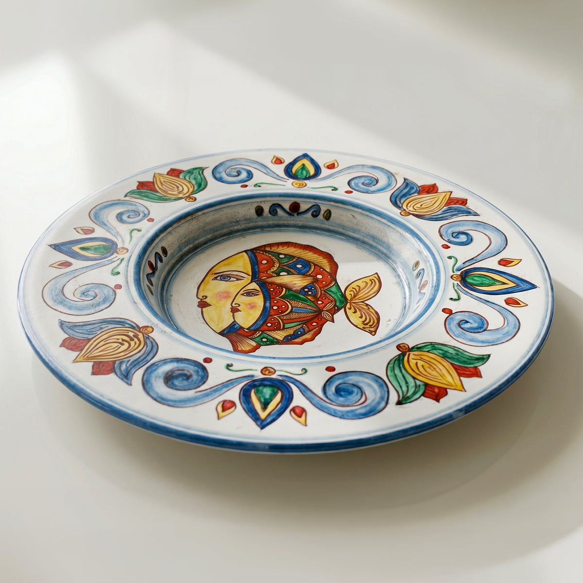 Piatto Cappello Prete in Ceramica di Caltagirone - Decoro Pesci