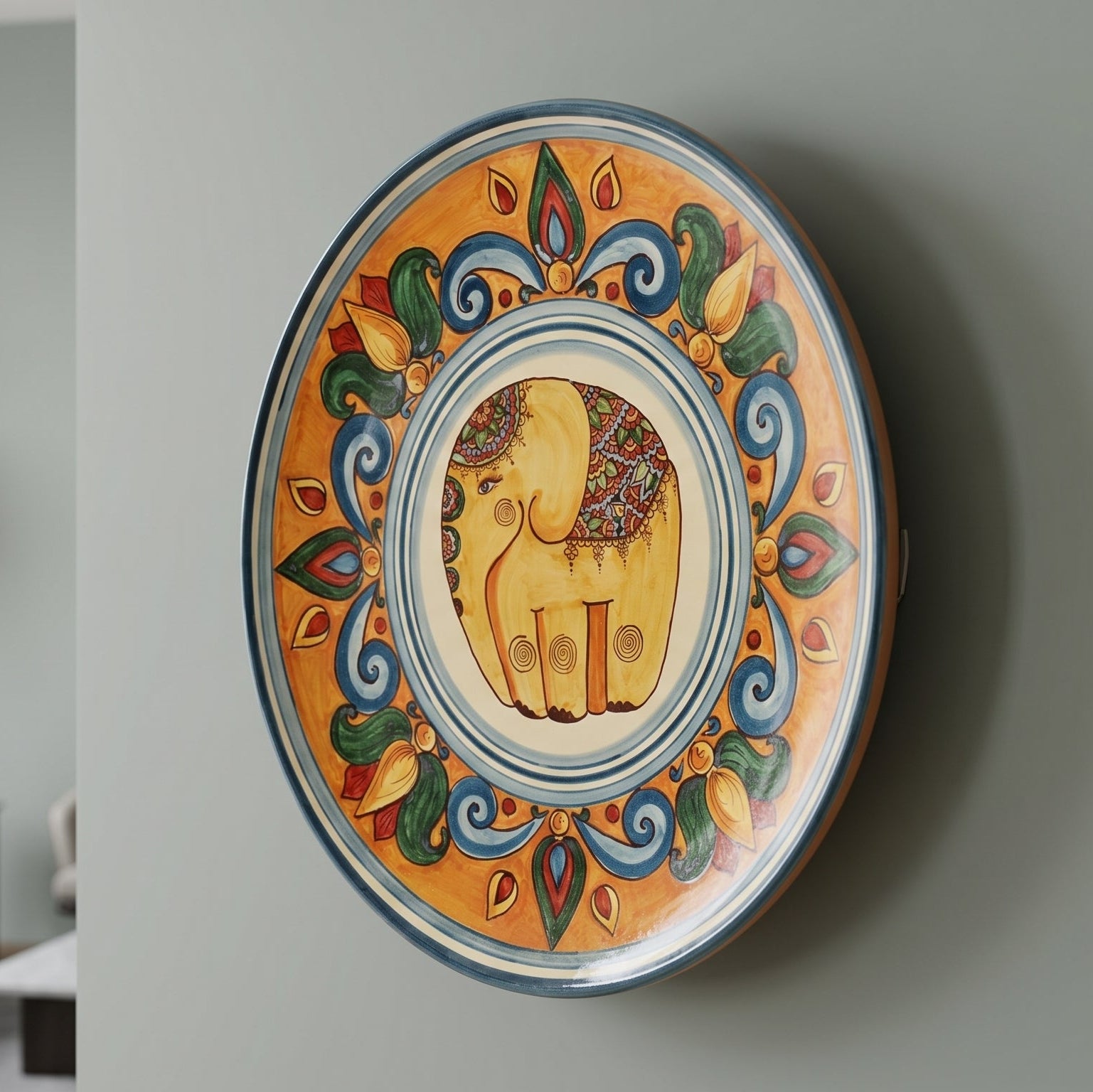 Piatto Ornamentale in Ceramica di Caltagirone — Decoro Elefante, Fondo Arancio