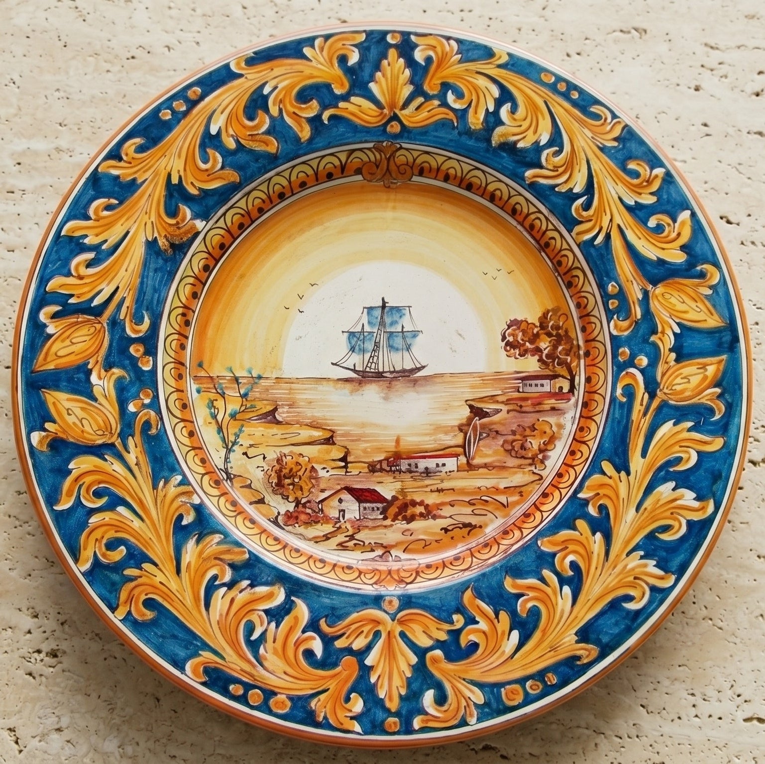 Piatto Cappello Prete in Ceramica di Caltagirone — Veliero, Ornato Fondo Blu