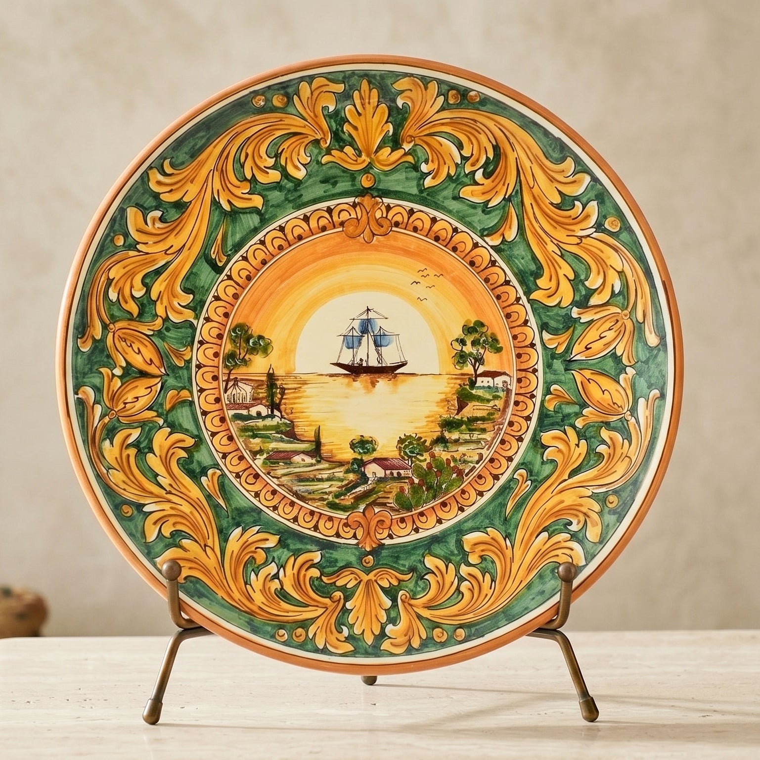 Piatto Ornamentale in Ceramica di Caltagirone - Veliero, Ornato Fondo Verde