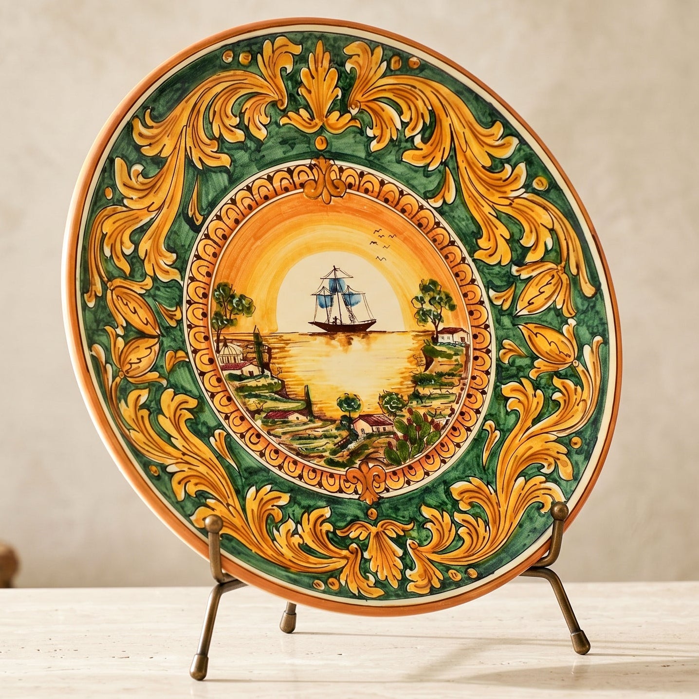 Piatto Ornamentale in Ceramica di Caltagirone - Veliero, Ornato Fondo Verde