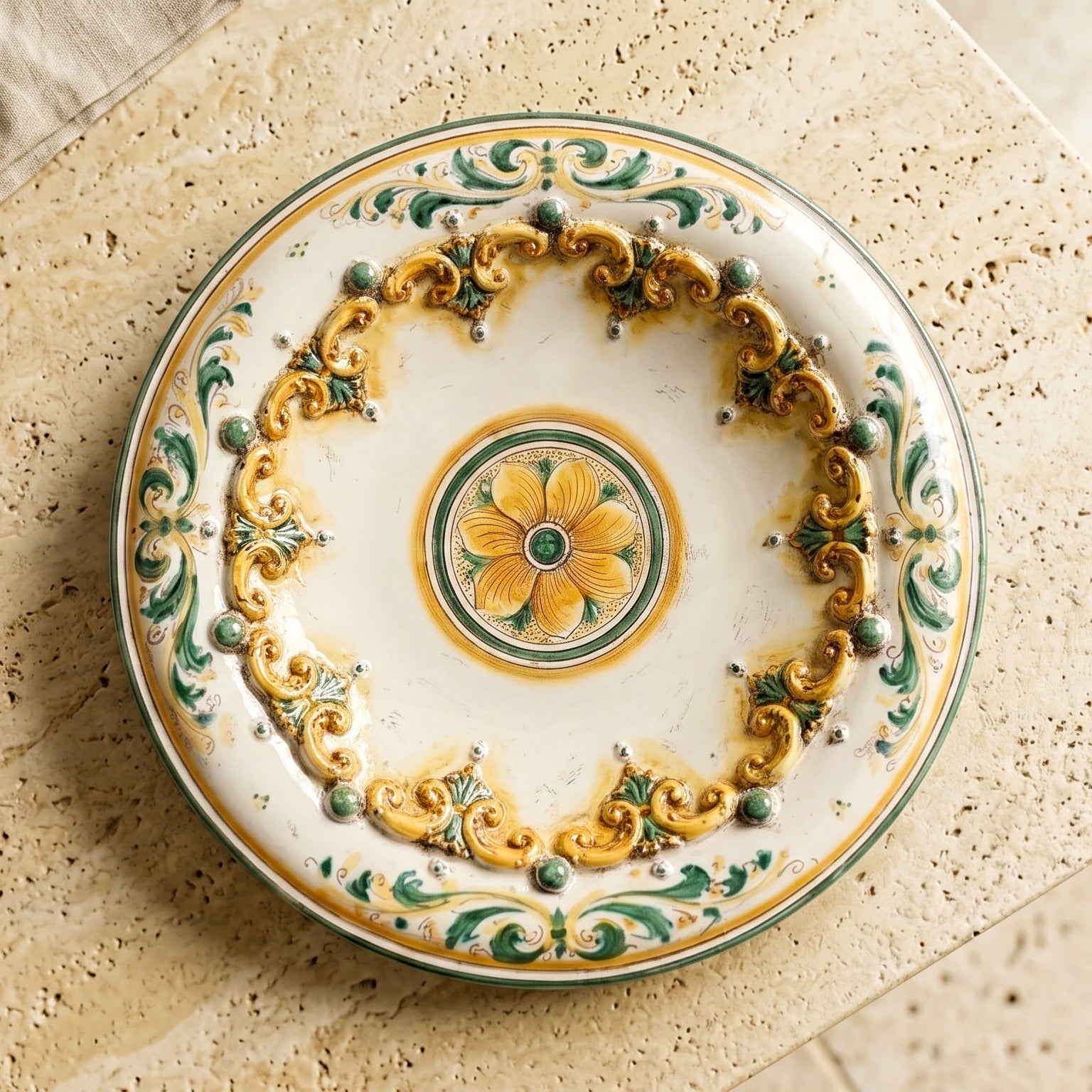 Piatto Ornamentale in Ceramica di Caltagirone - Plastico Sofia, Verde e Arancio