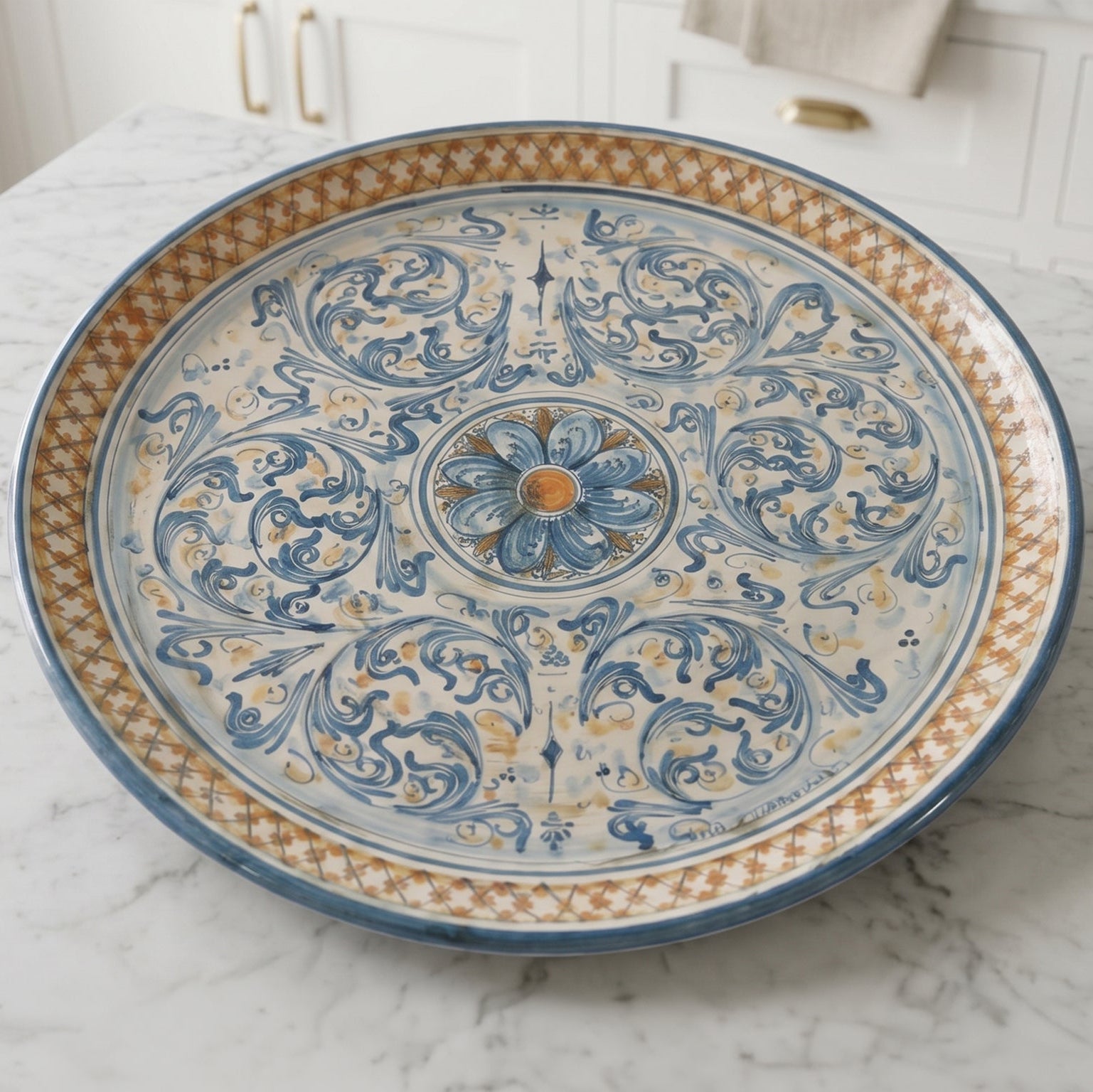 Piatto Ornamentale in Ceramica di Caltagirone - Blu e Arancio, Serie d'Arte