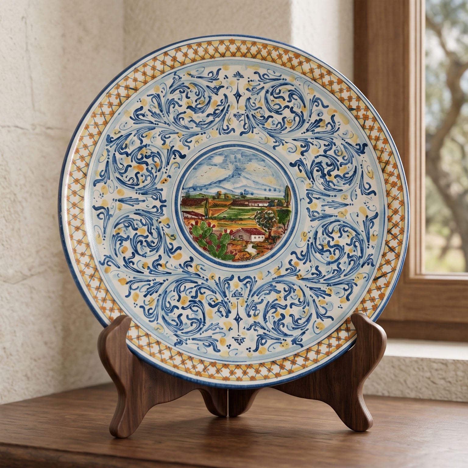 Piatto Ornamentale in Ceramica di Caltagirone - Blu e Arancio, Serie d'Arte