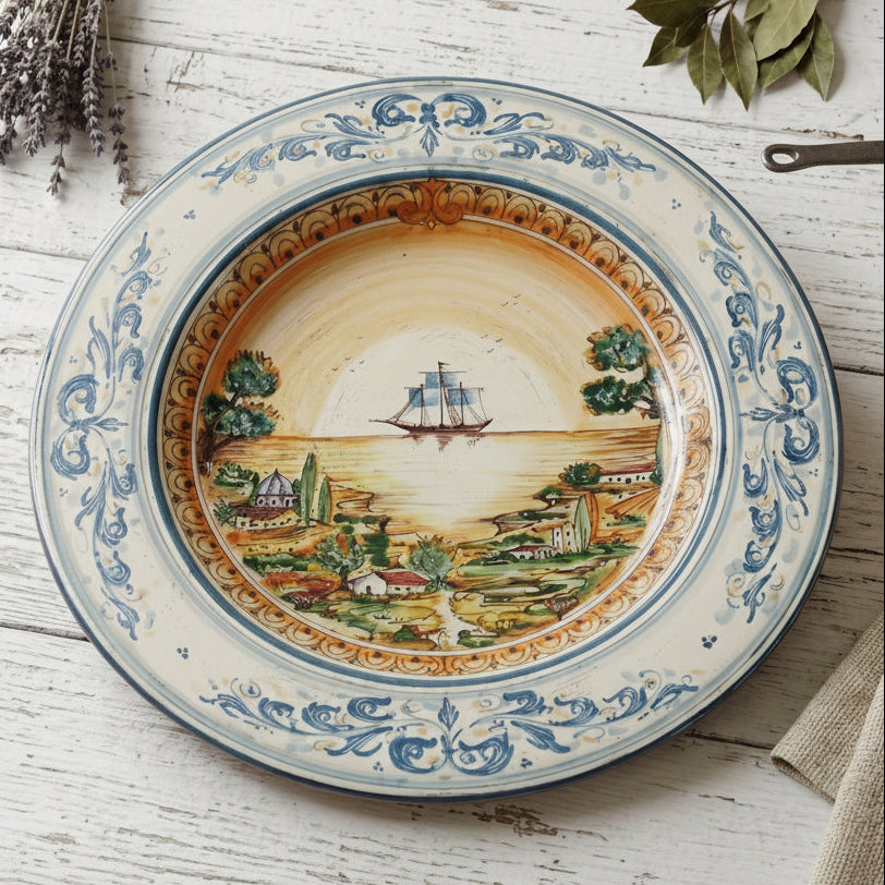 Piatto Cappello Prete in Ceramica di Caltagirone — Con Veliero, Serie d'arte in Blu e Arancio