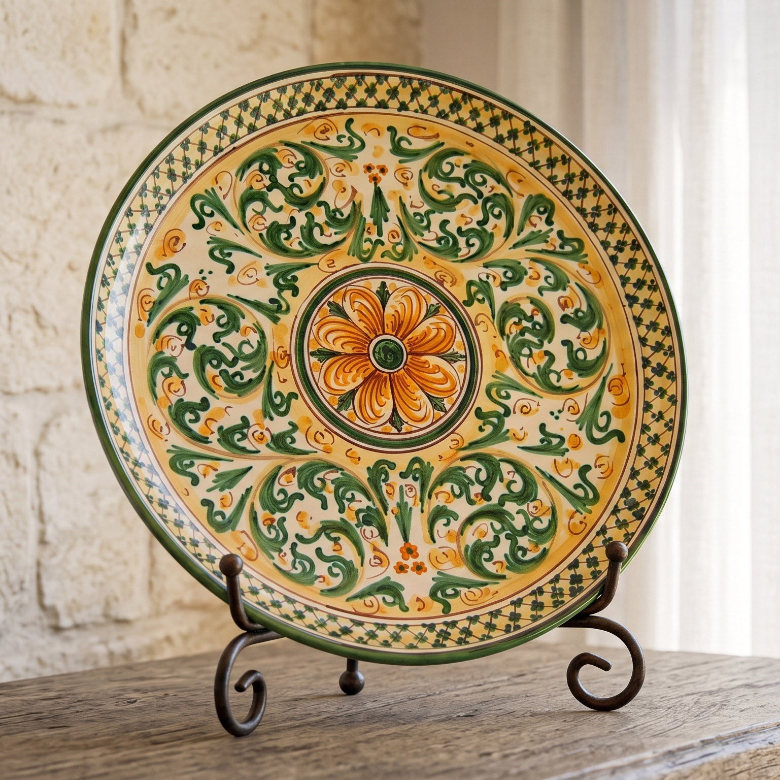 Piatto Ornamentale in Ceramica di Caltagirone - Verde e Arancio, Serie d'Arte