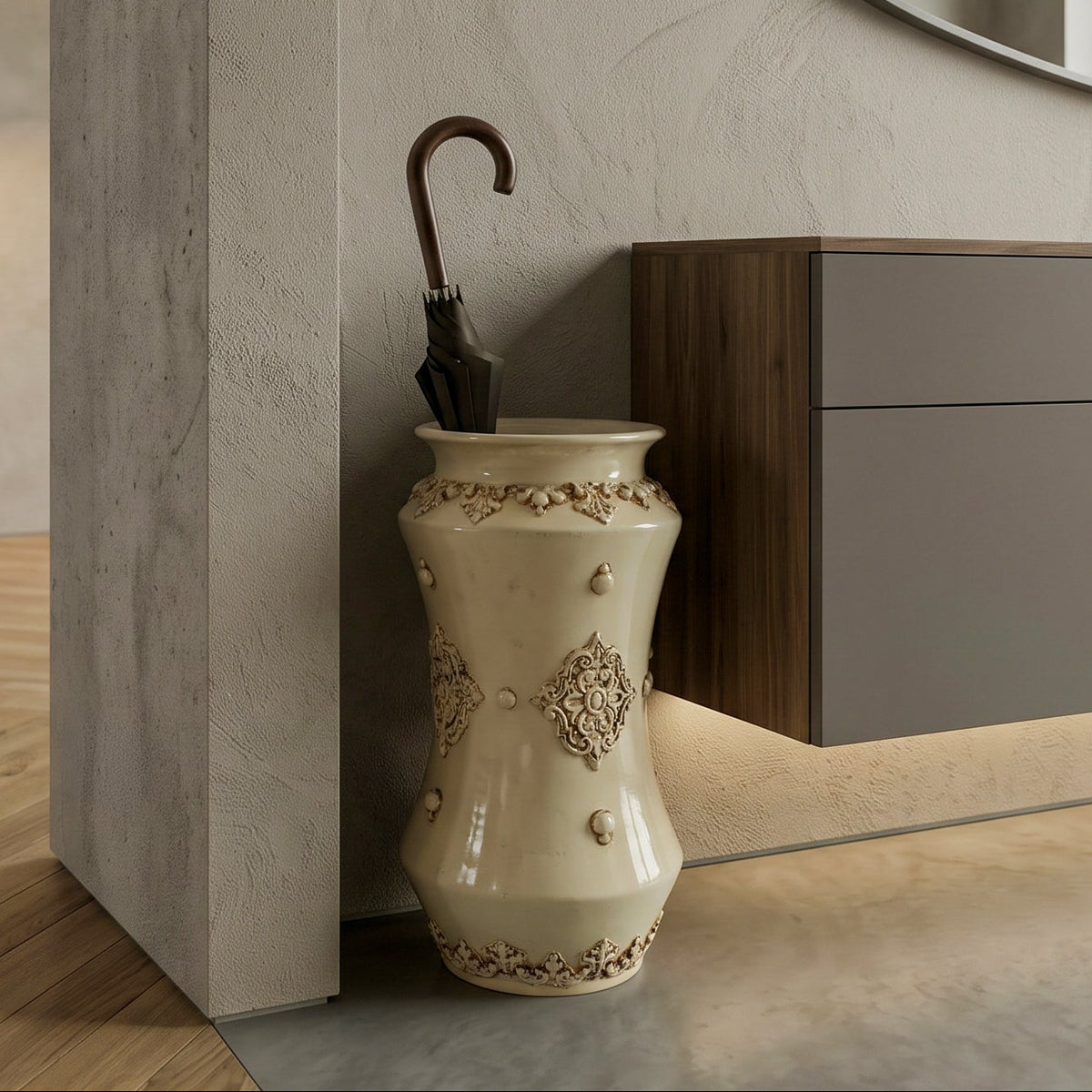 Portaombrelli Albarello in Ceramica di Caltagirone h 50 cm - Plastico Sofia, Avorio