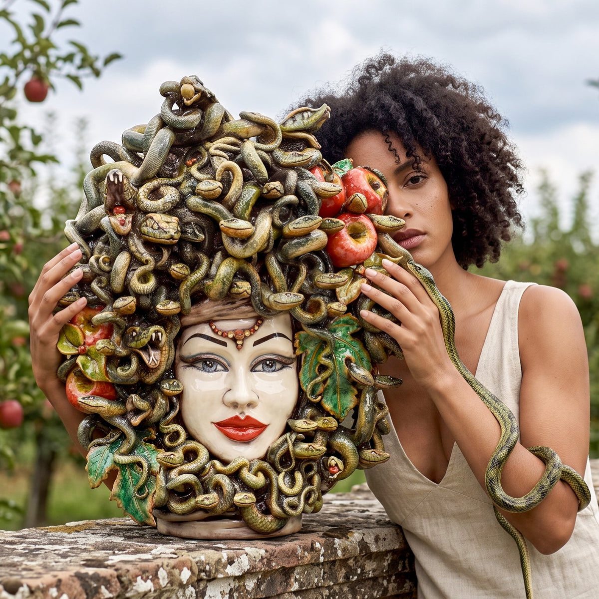 Testa Medusa h 50 cm - con Mele, Madreperla Antichizzato | Ceramica Caltagirone