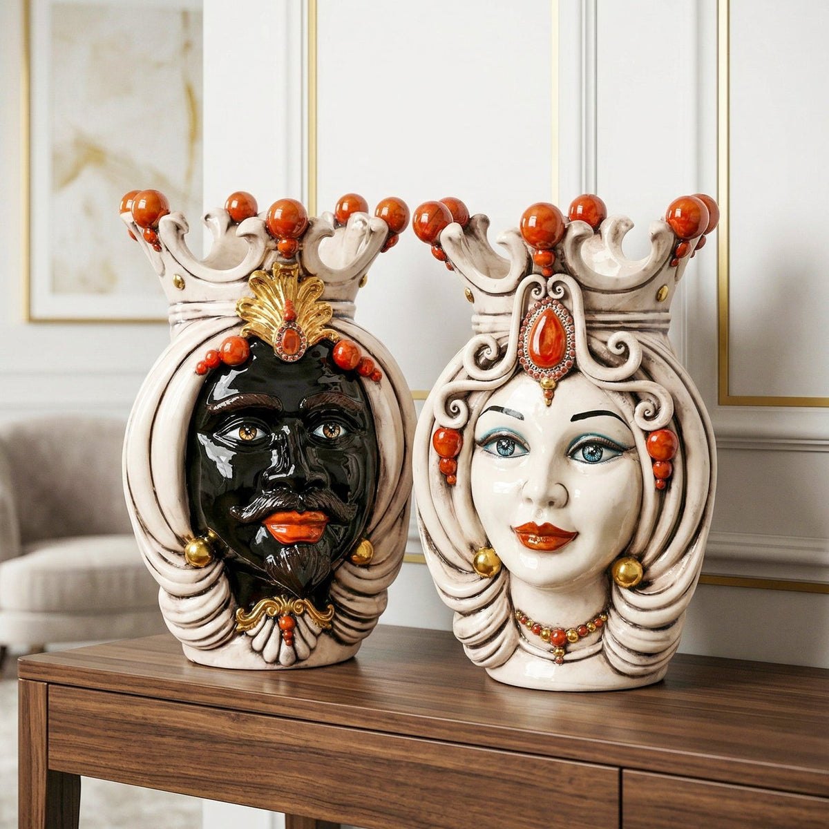 Testa di Moro h 38 cm - Donna, Madreperla Antichizzato Oro e Lustri | Ceramica Caltagirone