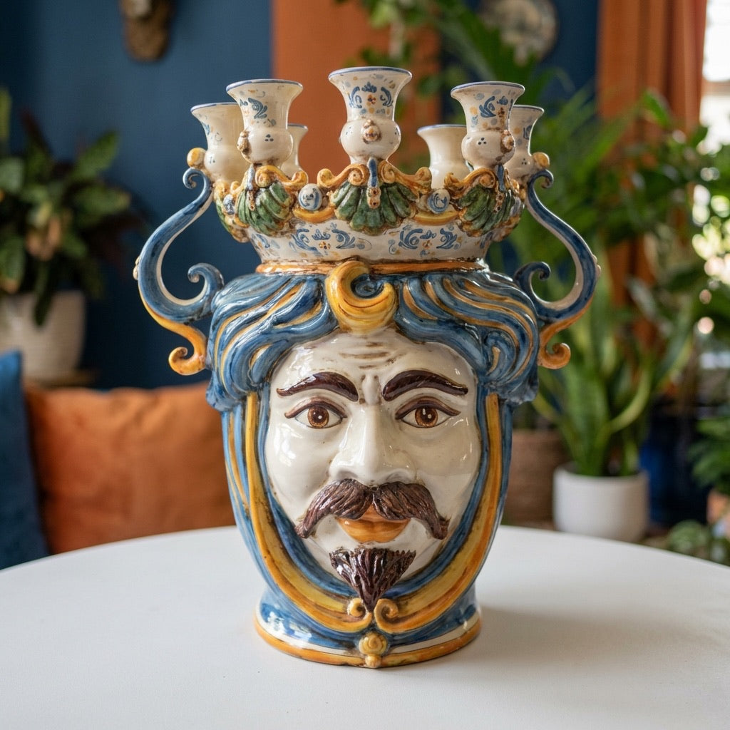 Cabeza Siciliana Candelabro H 40 cm, Hombre Blanco, Azul y Naranja – Testa di Moro de Caltagirone, Sicilia