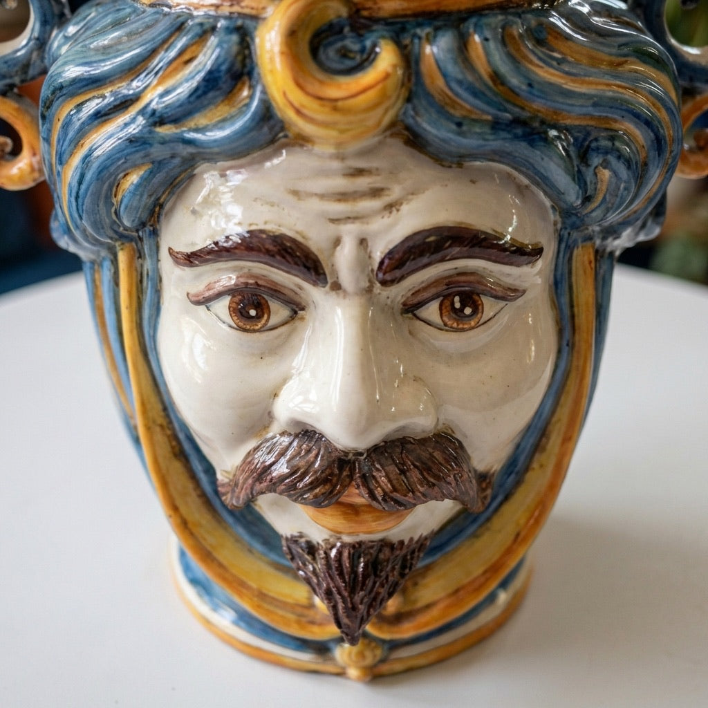 Cabeza Siciliana Candelabro H 40 cm, Hombre Blanco, Azul y Naranja – Testa di Moro de Caltagirone, Sicilia