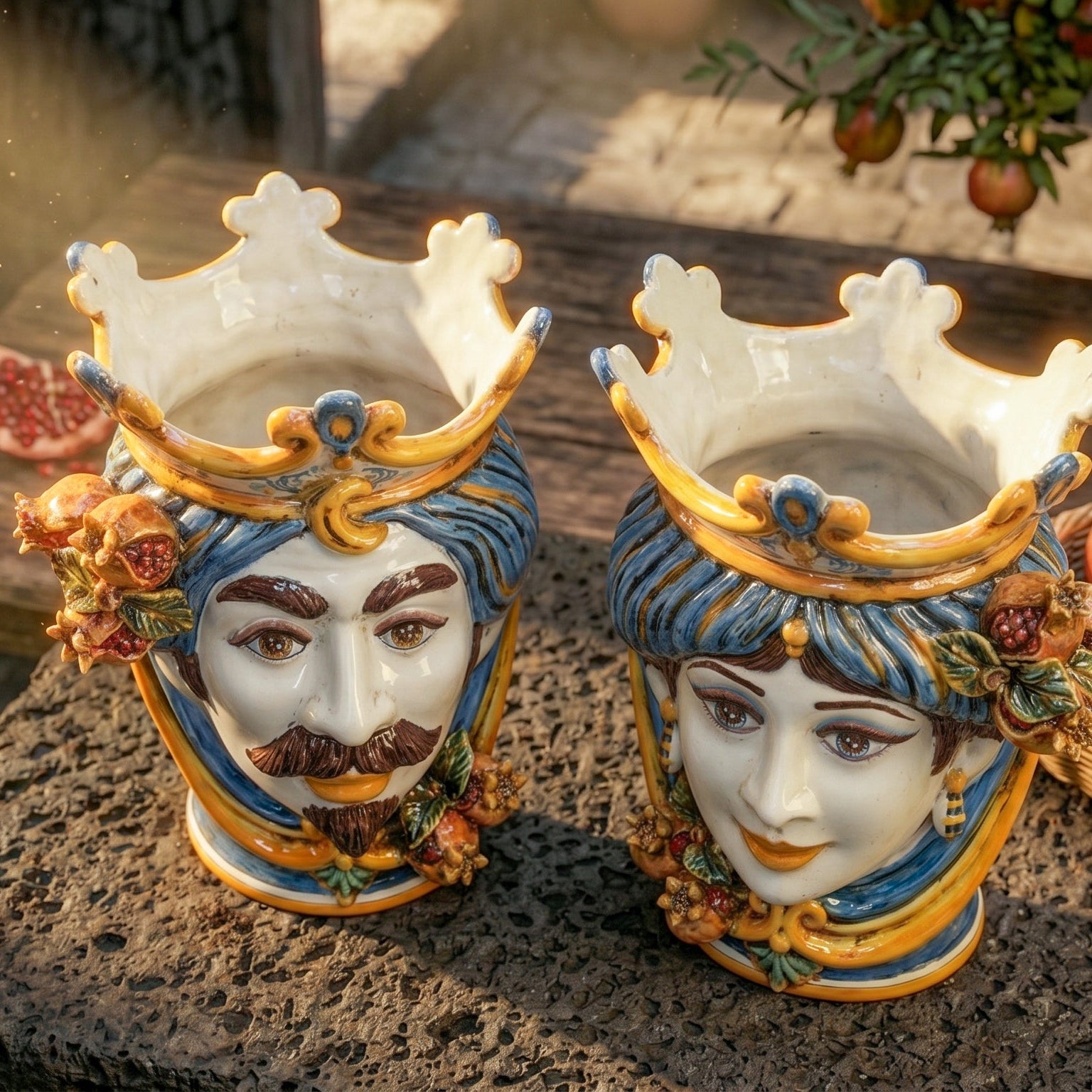 Testa di Moro con Melograni h 25 cm — Maschio Bianco, Blu e Arancio
