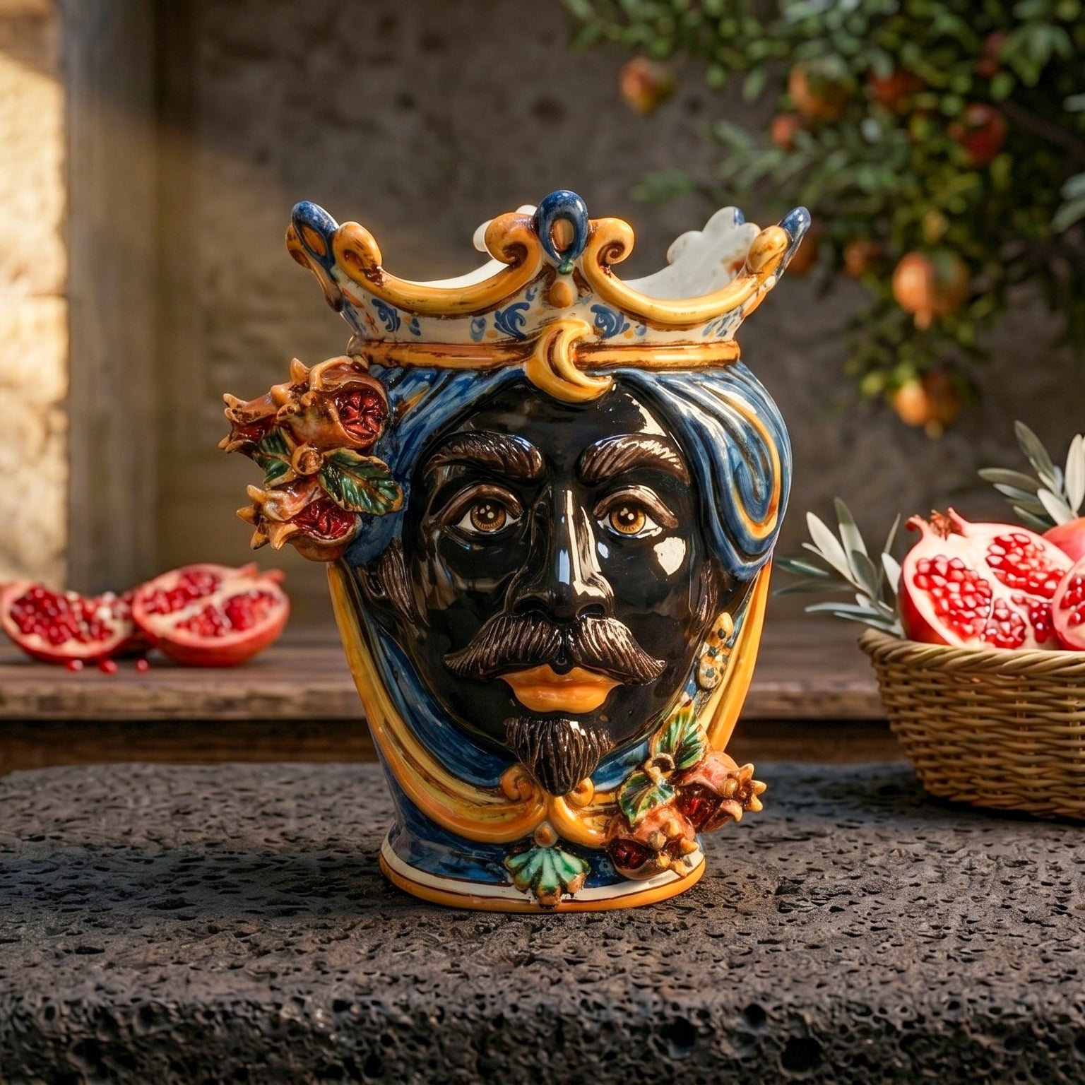 Testa di Moro Vase mit Granatäpfeln H 25 cm, Maurischer Mann, Blau und Orange – Testa di Moro aus Caltagirone, Sizilien