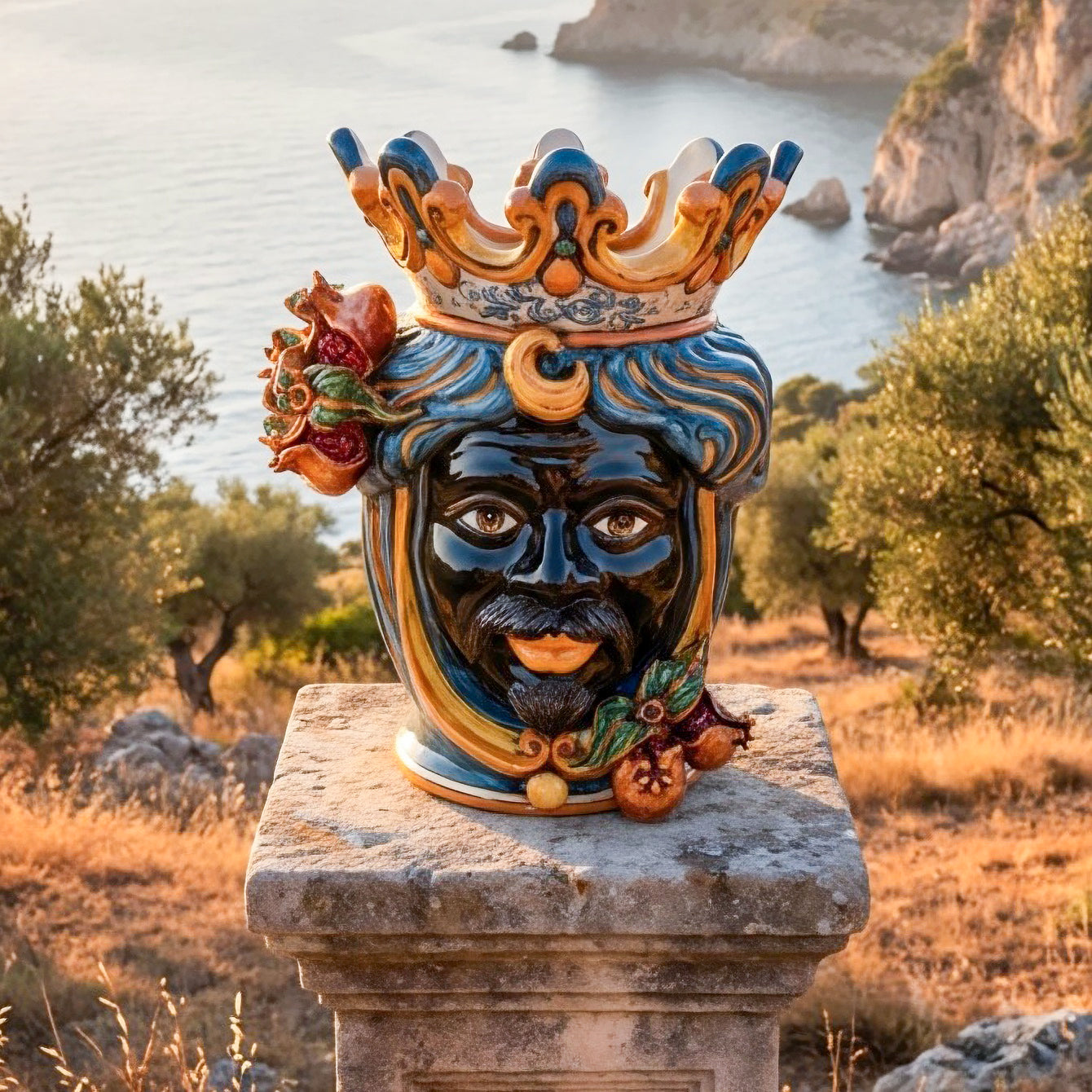 Testa di Moro Vase mit Granatäpfeln H 40 cm, Maurischer Mann, Blau und Orange – Testa di Moro aus Caltagirone, Sizilien