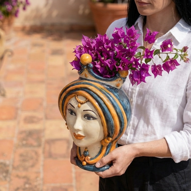 Testa di Moro in Ceramica di Caltagirone - Linea Blu e Arancio, H30 cm