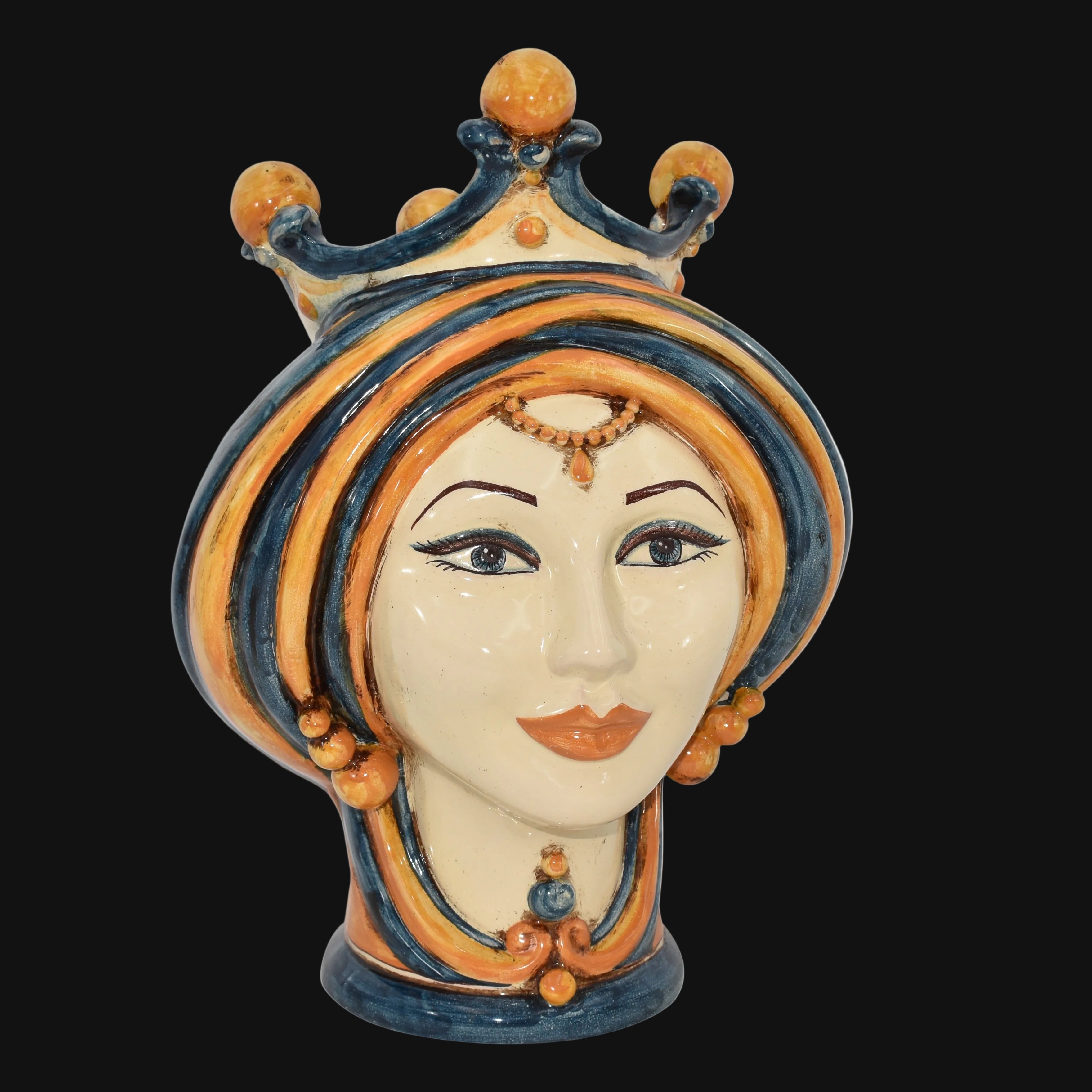 Testa di Moro in Ceramica di Caltagirone - Linea Blu e Arancio, H30 cm