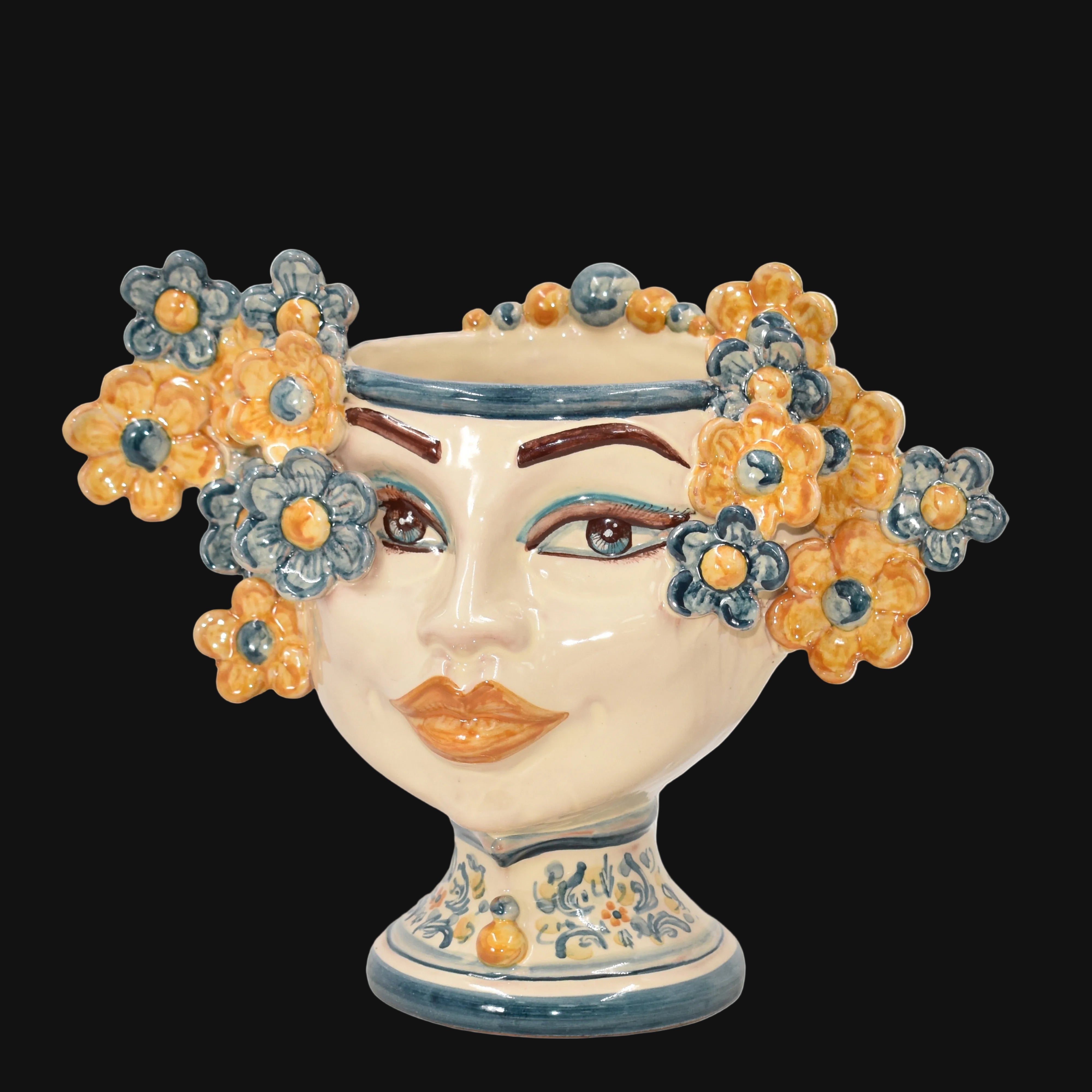 Testa di moro h 20 cm Linea Fiori decoro blu e arancio