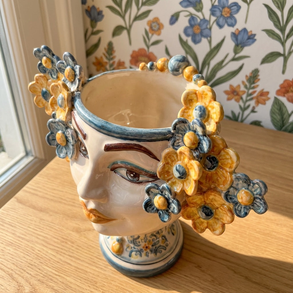 Testa di moro h 20 cm Linea Fiori decoro blu e arancio