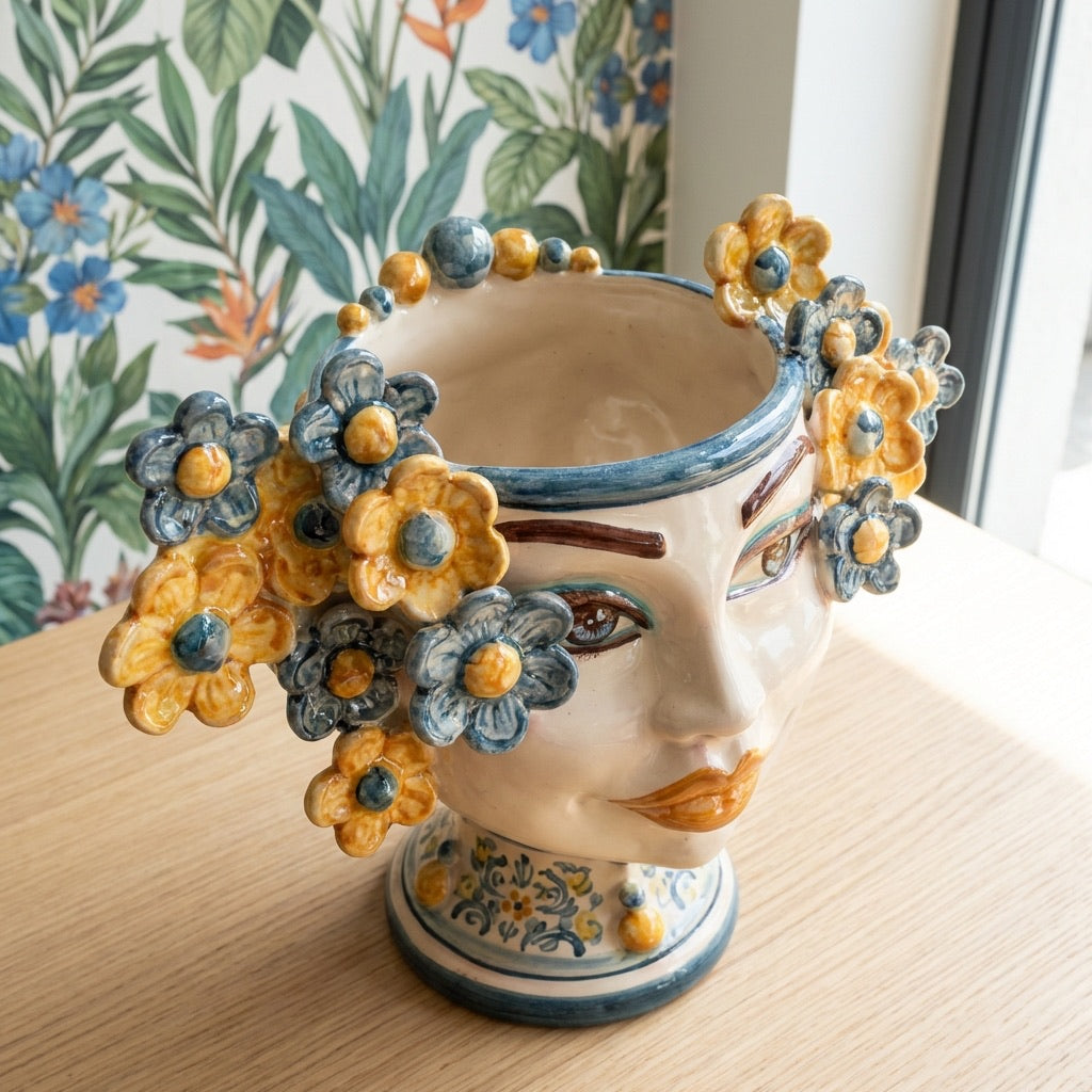 Testa di moro h 20 cm Linea Fiori decoro blu e arancio