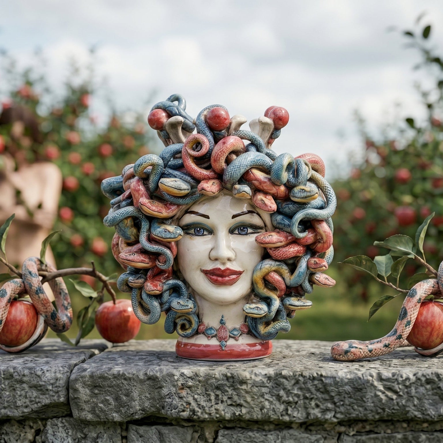 Testa Medusa h 25 cm maschio moro — con Perline Bordeaux | Ceramica Caltagirone