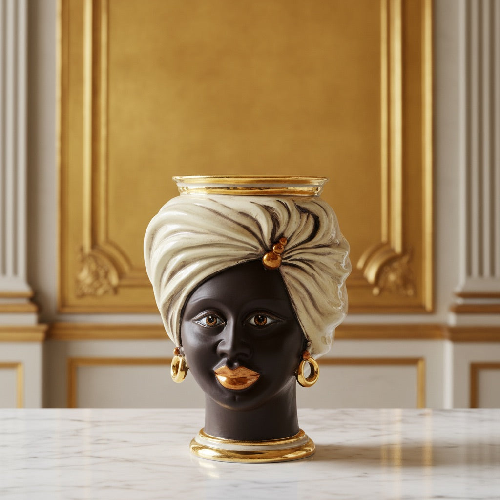 Testa Tuareg h 20 cm — Donna, Madreperla | Ceramica Caltagirone