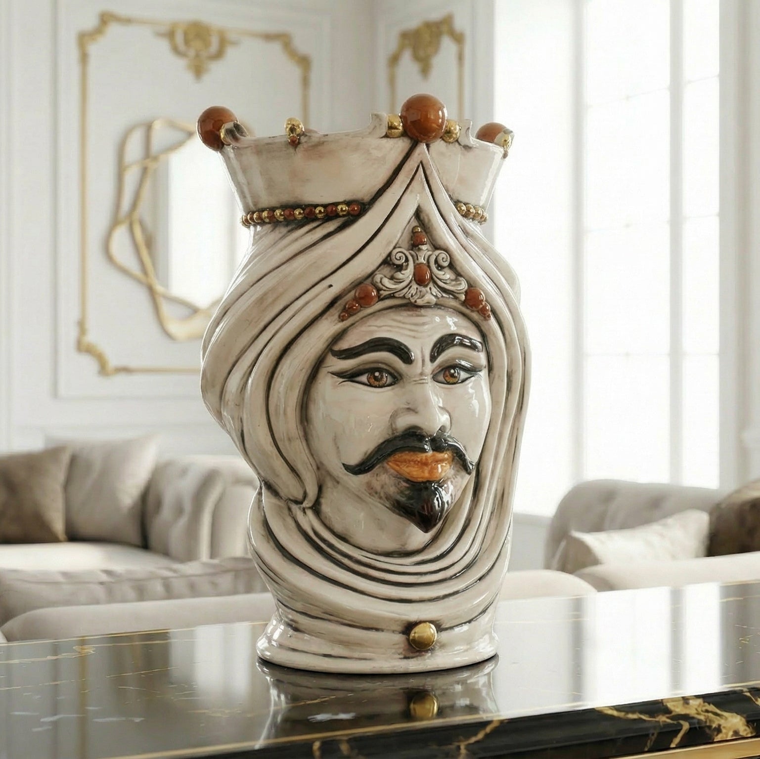Testa di Moro con Turbante h 45 cm - Maschio Bianco, Madreperla Antichizzato Oro e Lustri (Copia)