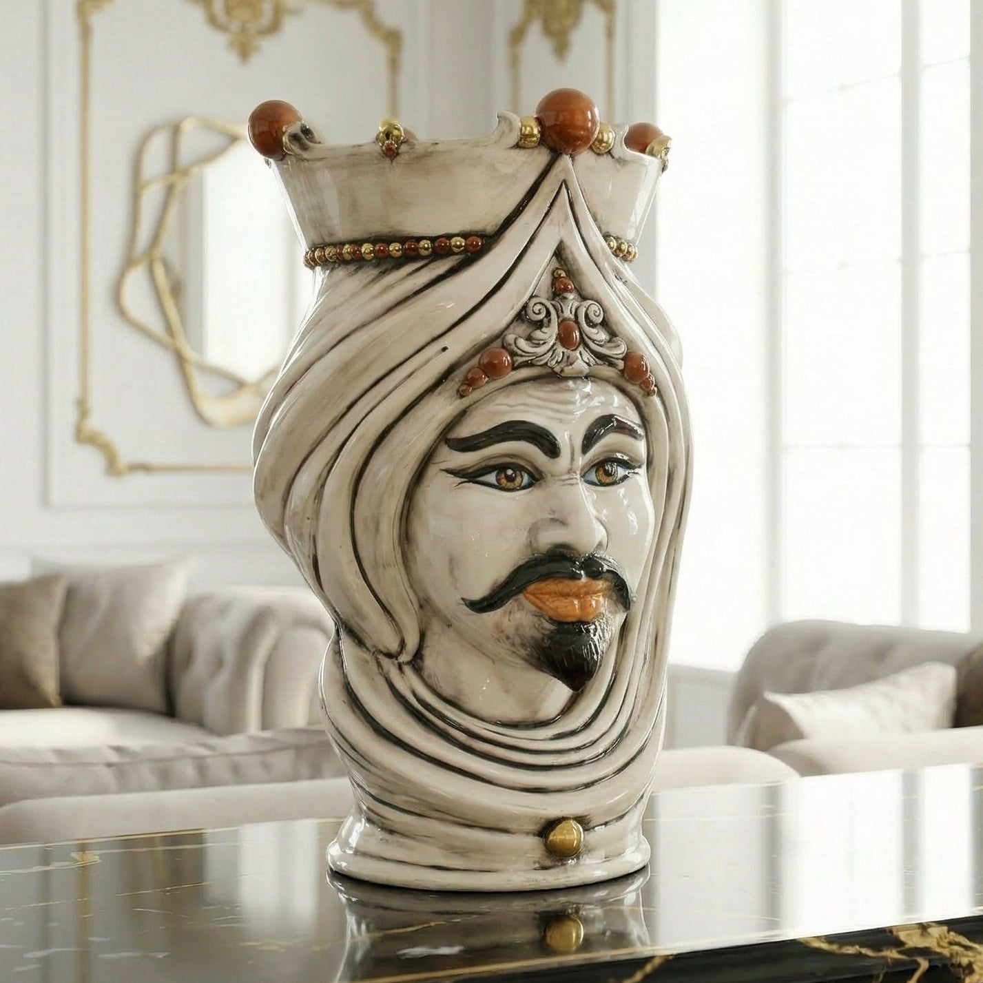 Testa di Moro con Turbante h 45 cm - Maschio Bianco, Madreperla Antichizzato Oro e Lustri (Copia)