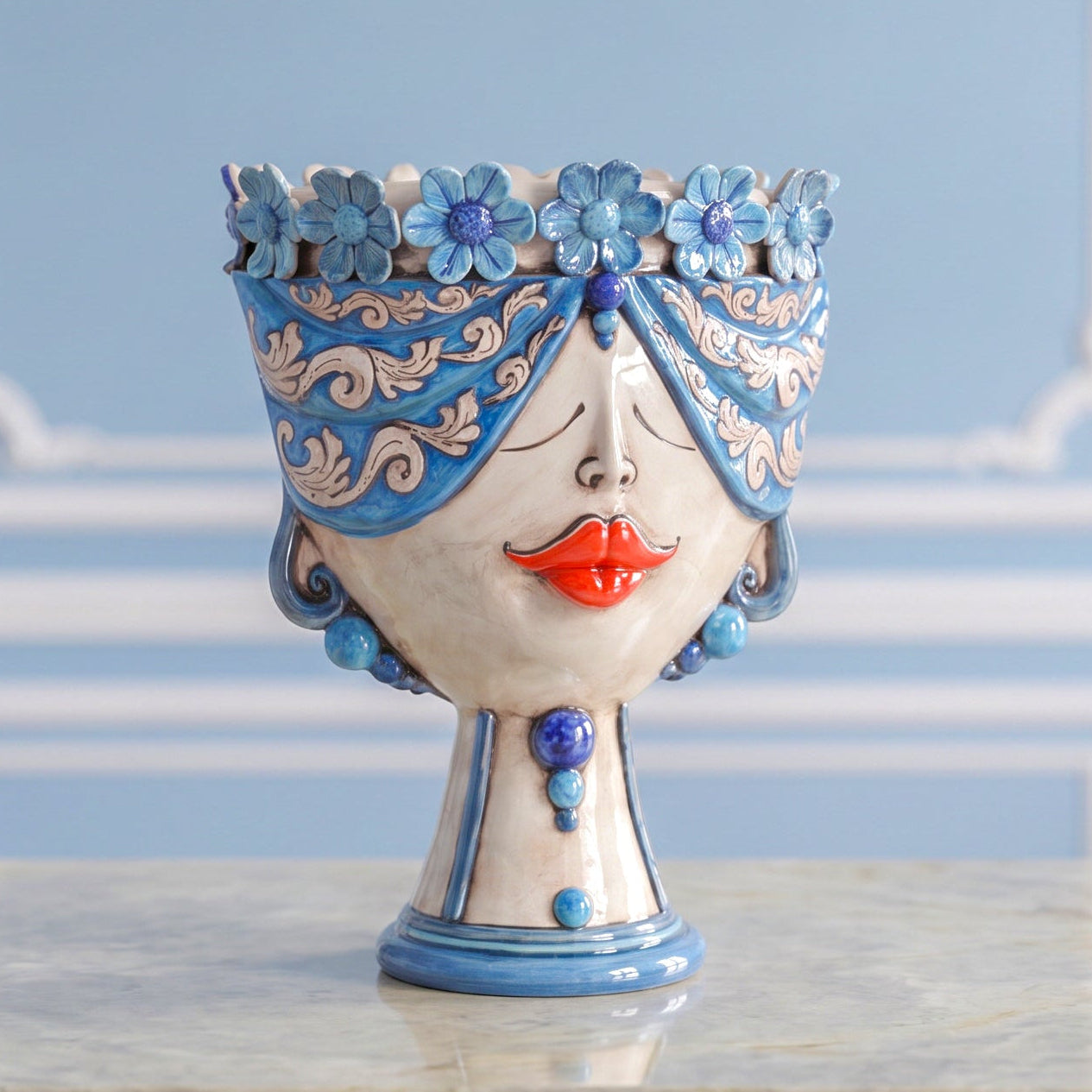 Testa Zahira con Fiori h 30 cm - Donna, Madreperla Antichizzato | Ceramica Caltagirone